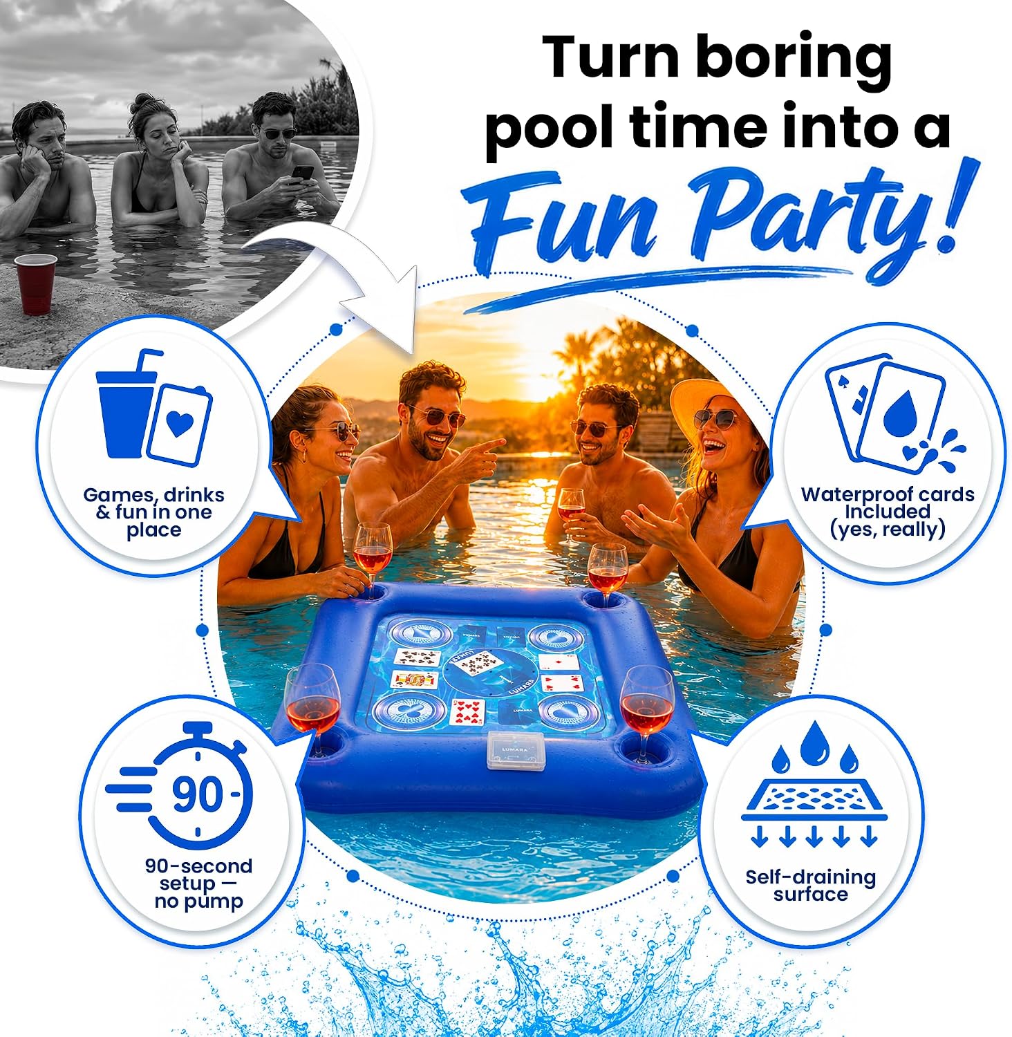 LUMARA Floating Game Table for Pool – Inflatable Pool Card Table with 5 Drainage Holes (No Water Pooling), 4 Cup Holders & 54 Waterproof Playing Cards – Hot Tub Float, No Pump Needed