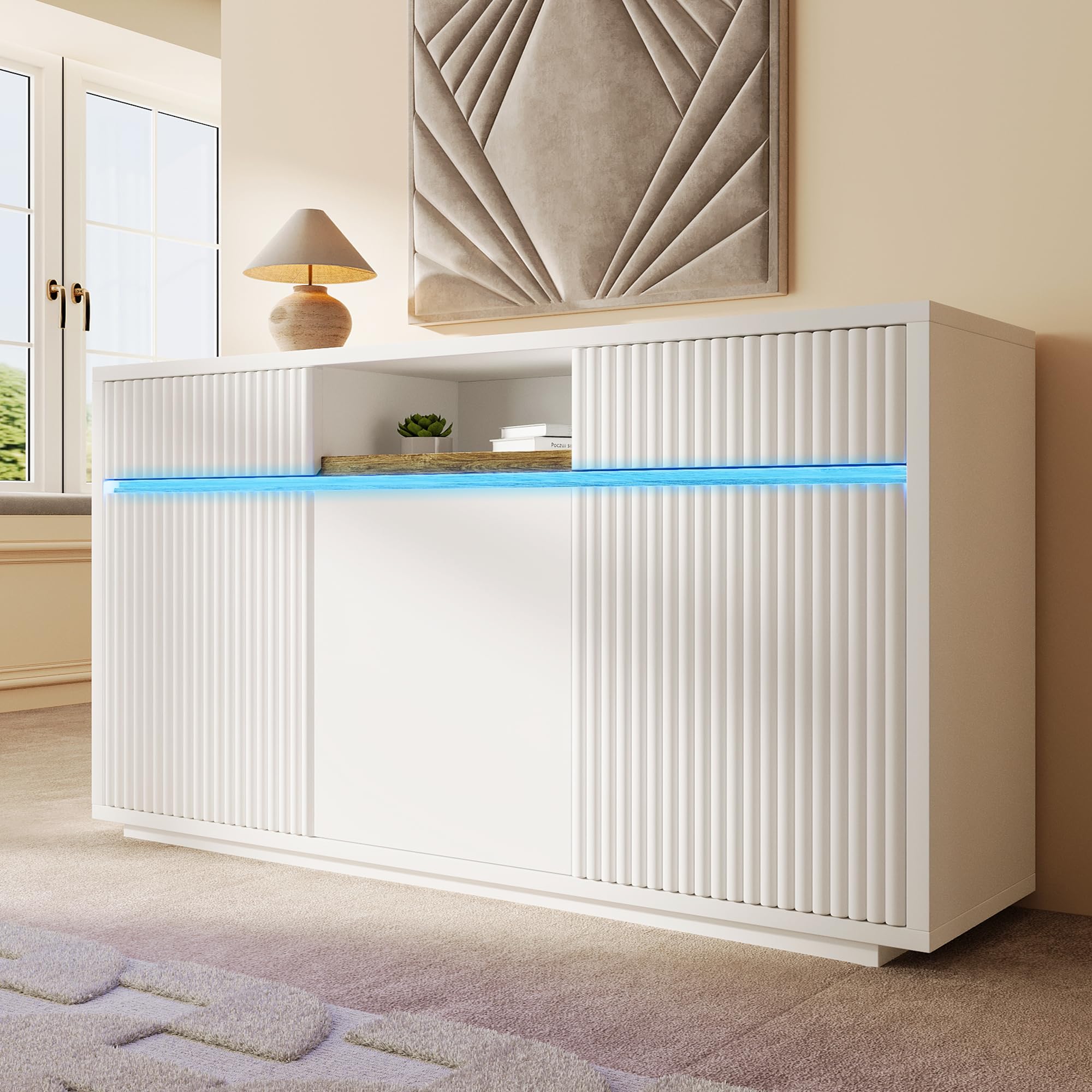 Kredens biały z diodami LED 140 x 40 x 85 cm, komoda z 2 szufladami i 3 drzwiami, szafka z regulowanymi półkami, nowoczesna szafka do salonu, korytarza, szafki kuchenne