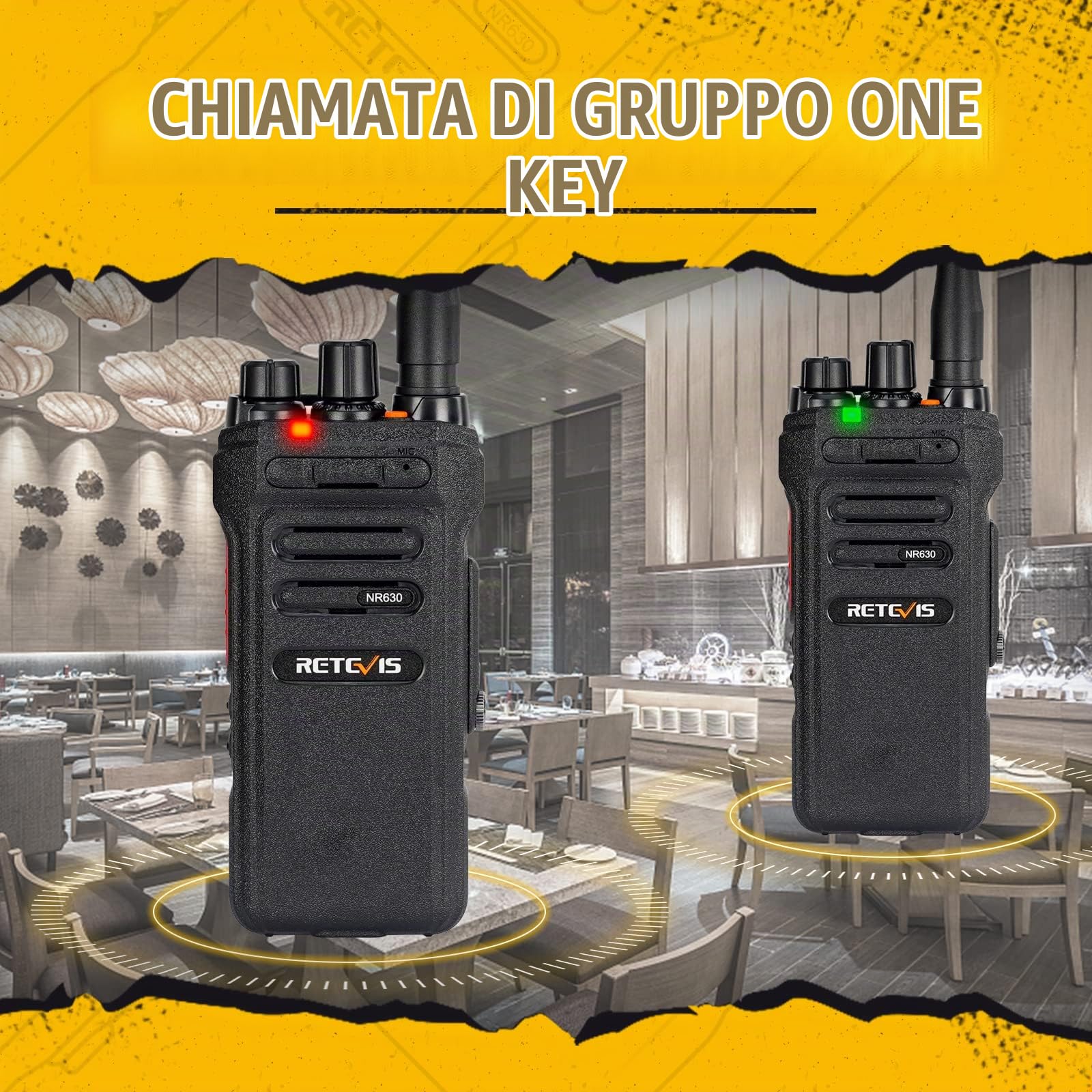 Retevis NR630 Walkie Talkie Professionali, Ricetrasmittenti a Lungo Raggio,Chip di riduzione del rumore, IP67 Impermeabile, 2800 mAh, Radio con Auricolare per Bar, Ristorante (2 Pezzi, Nero)