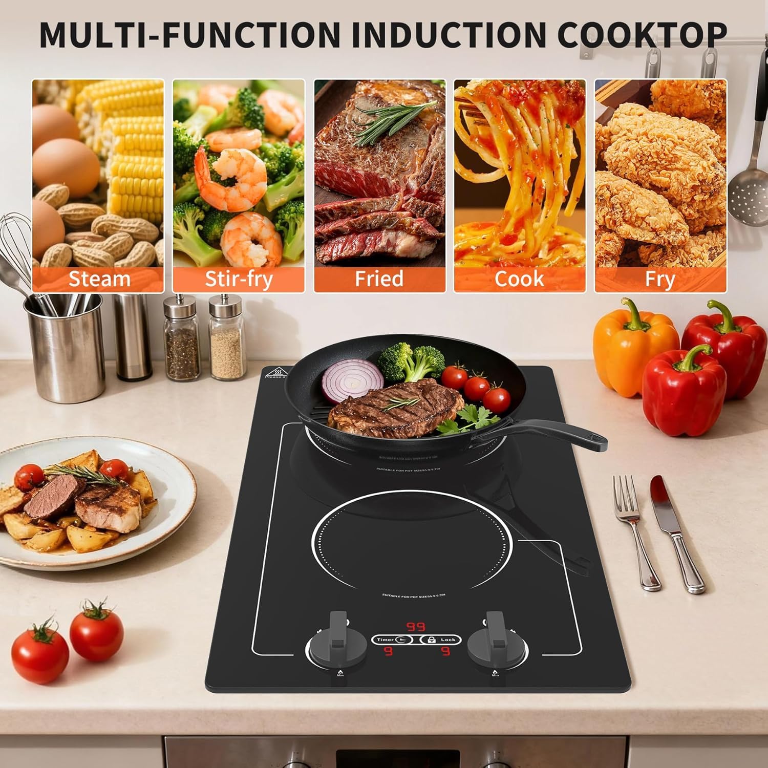 VBGK - 2 Brenner Induktionskochfeld, 110V 2300W Doppelbrenner-Heizplatte mit LED-Touch-Display, 9 Leistungsstufen, Kindersicherung und Timer, Schutz vor