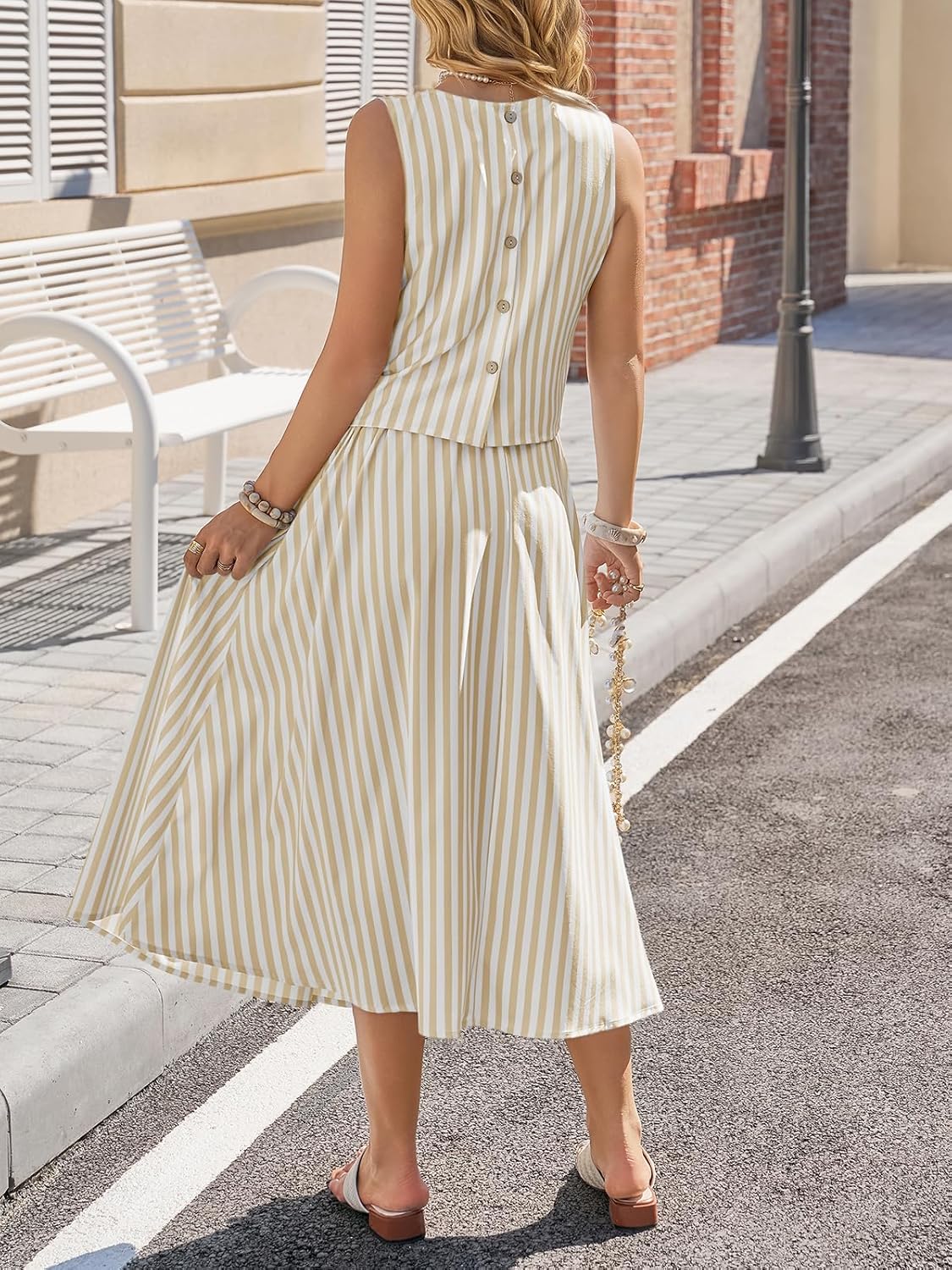 Tankaneo Womens 2 Piece Skirt Sets Summer Striped Sleeveless Tank Tops Midi Dress Travel Vacation Outfits Matching Sets - Image 2