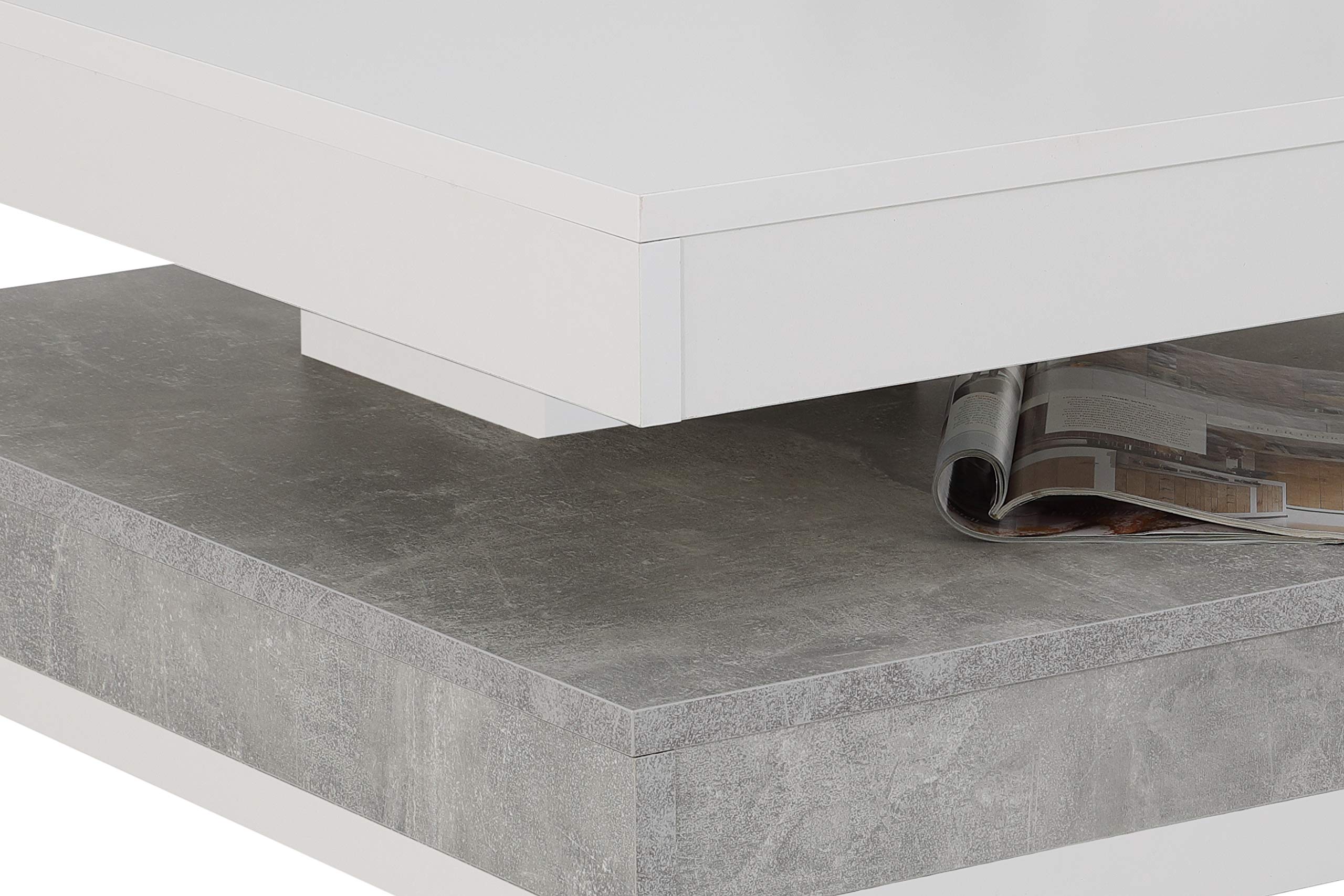 Hela Tische, Couchtisch Wohnzimmertisch Andy, Quadratisch, Holzwerkstoff ,Tischplatte drehbar 360°, Weiß/Beton, 67x67x35cm