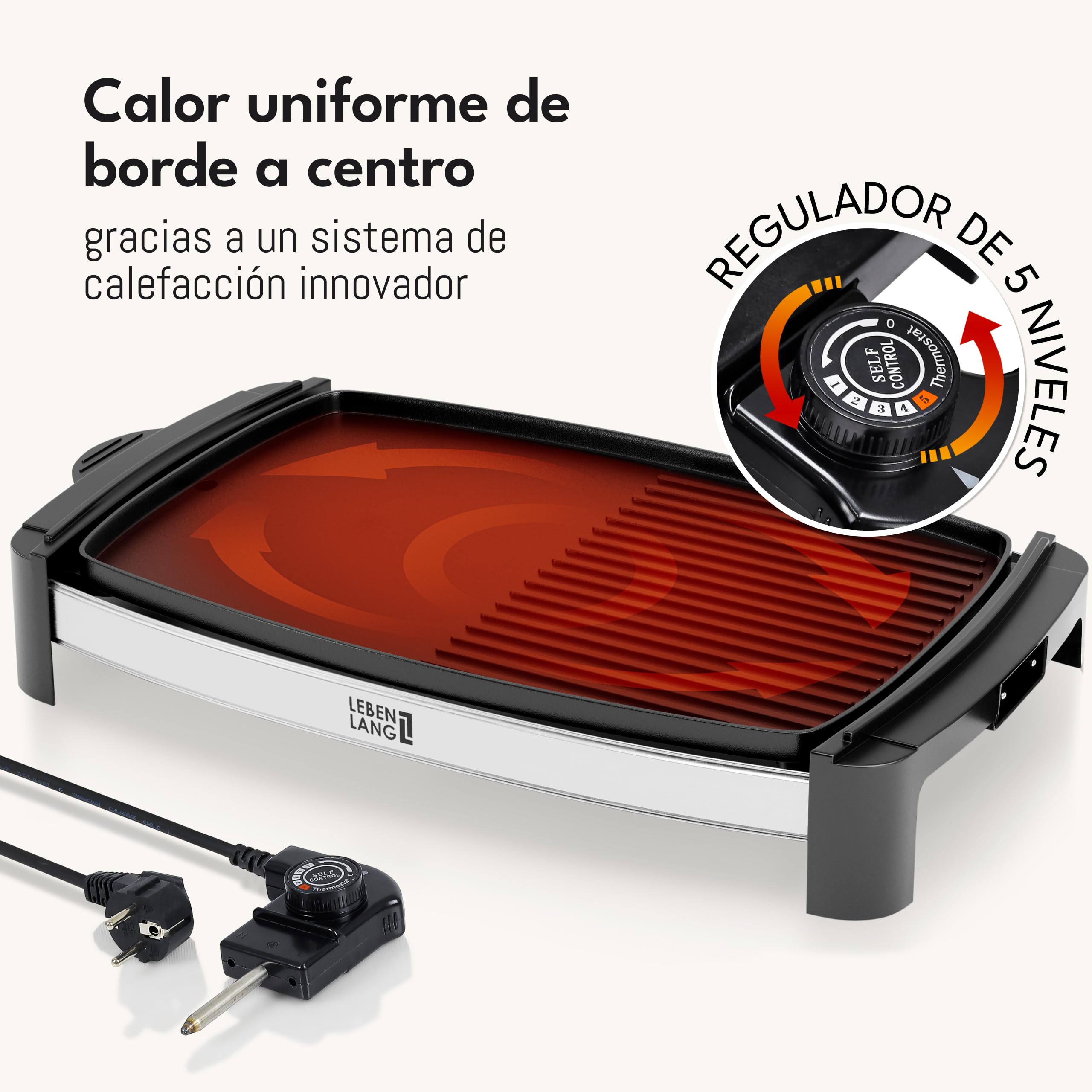 LEBENLANG Plancha cocina electrica 2000W - 45x30cm & Incl. Pinzas parrilla | Plancha electrica para cocinar XXL interior & exterior I Grelhador electrico Planchas de asar Grill eléctrica cocina