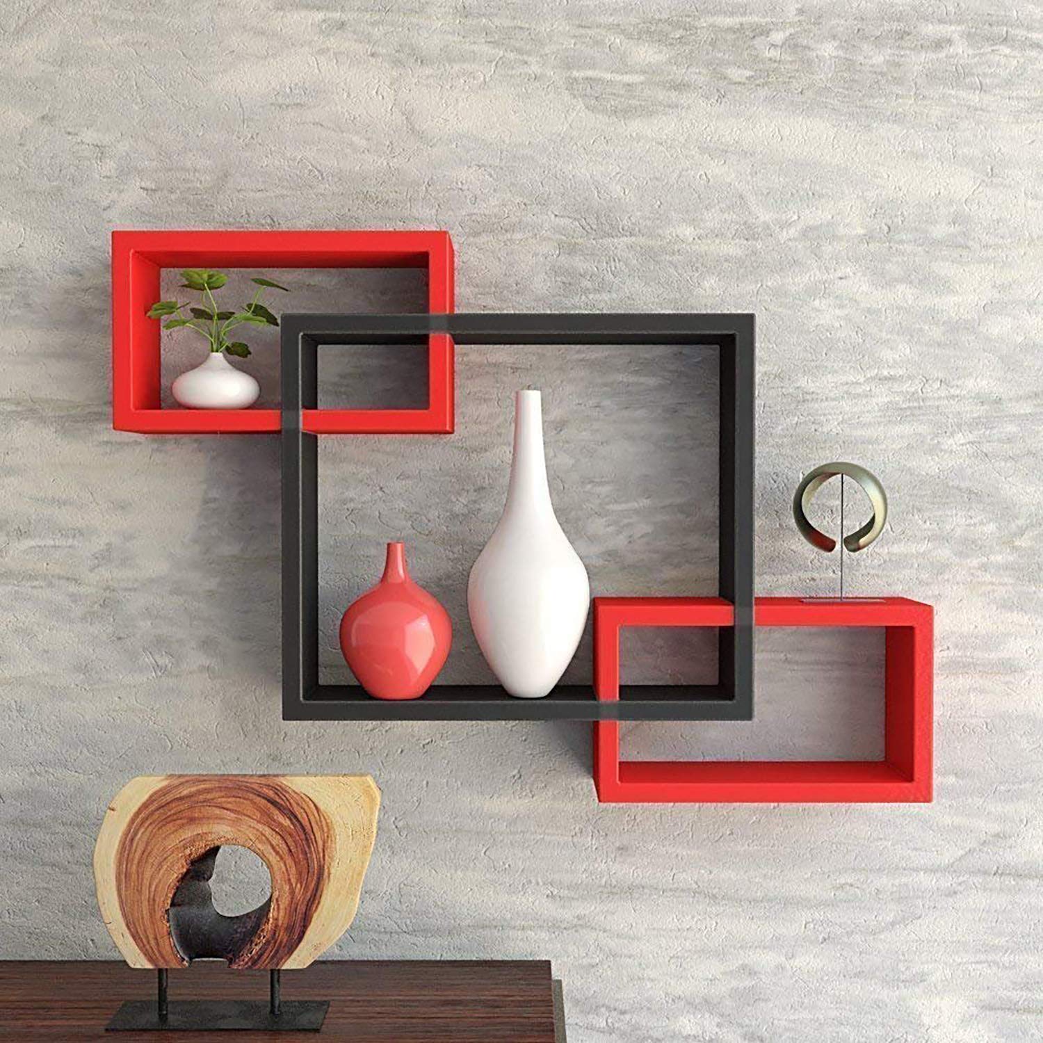 Cherry Wood MDF Wall Shelf Rack Set of 3 Home Decorative Furniture for Home (Black & Red)