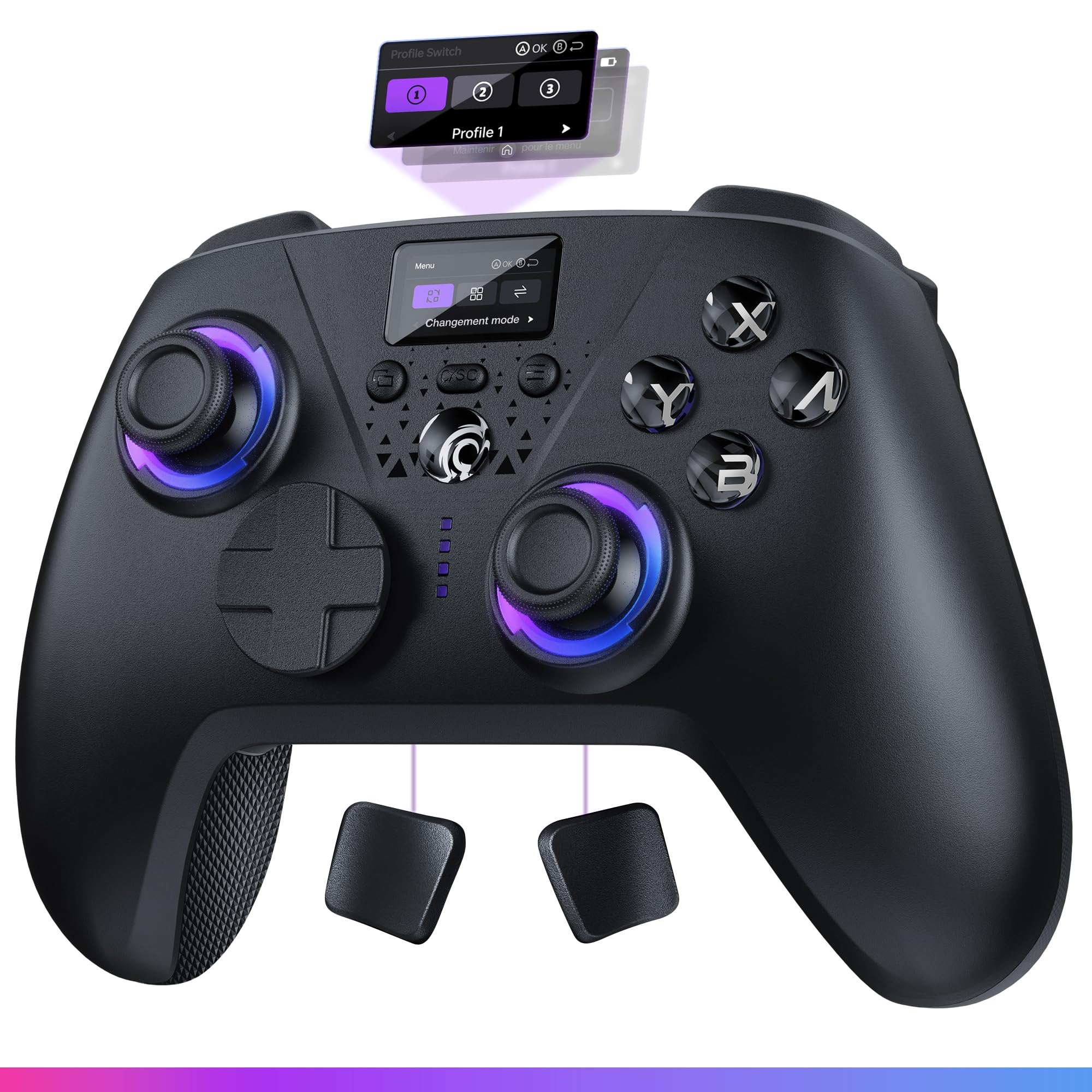 Oniverse Manette sans fil pour Switch 2/Switch/OLED/Lite/PC/Mobile, Écran intégré, Joysticks et gâchettes Hall Effect, 11h, Tactile switch D-pad, Boutons macro arrière mécaniques - Aura (Void Black)