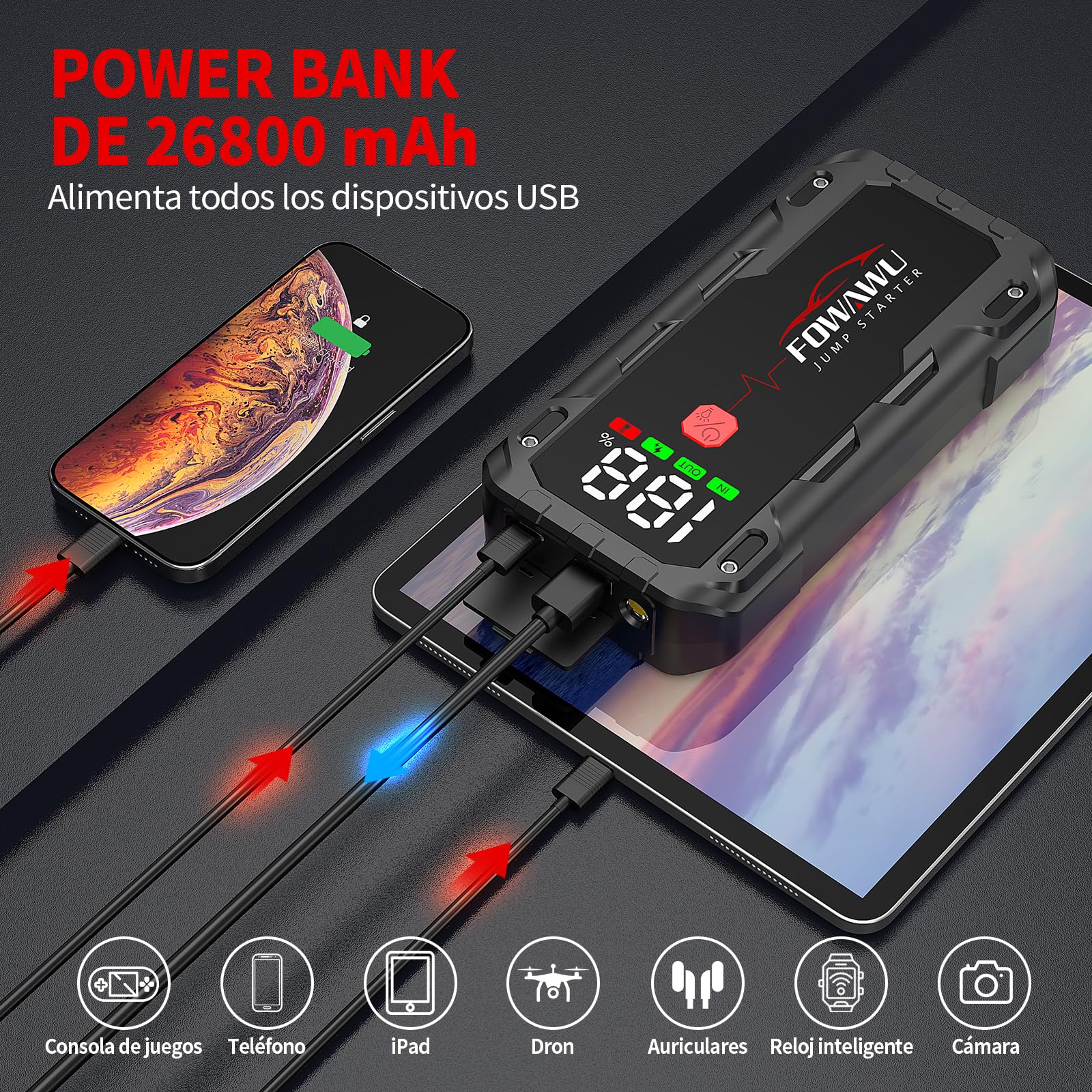 FOWAWU 7000A Arrancador de Baterias de Coche, 26800mAh Jump Starter(para 12L de Gasolina o 10L de Diésel) con Linterna LED de Emergencia, Espera Larga, Carga Rápida, QC 3,0
