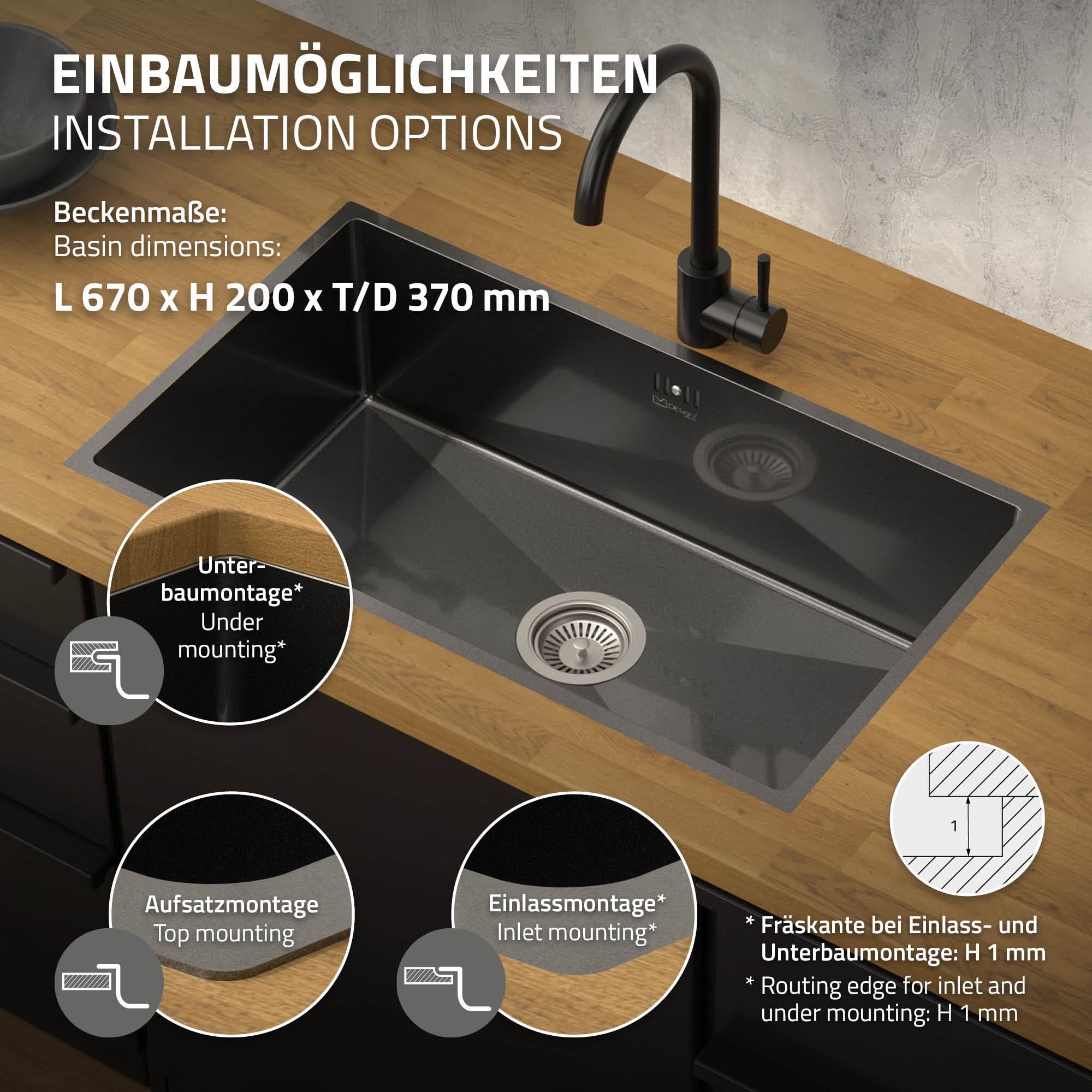 ML-Design Fregadero XXL de Cocina de un Seno 70x40 cm Antracita Lavabo Angular Sobre Encimera o Enrasado con Juego de Desagüe y Rebosadero Cubeta de Acero Inoxidable Anti-condensación
