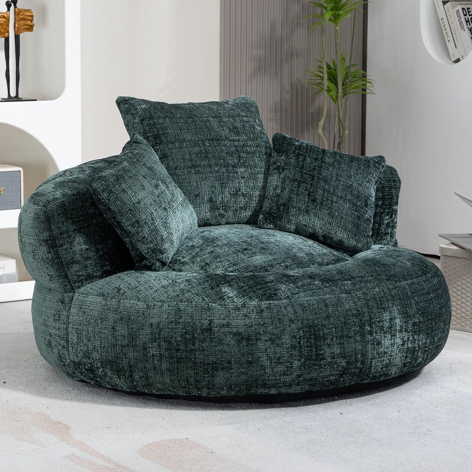 Giant Bean Bag Chairs for Adults, Oversized Beanbag Round Couch, Lazy Floor Sofa with 3 Pillows, Chenille Boneless Chair, Memory Foam Bean Bag Chairs for Living Room Bedroom, No Assembly (Beige)