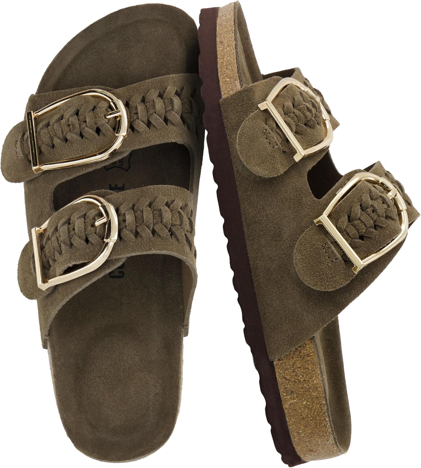 CUSHIONAIRE Cashew Slip On Genuine Suede Leather Womens Sandals - Braided Double-Strap Design with Adjustable Big Buckle Sandals for Women