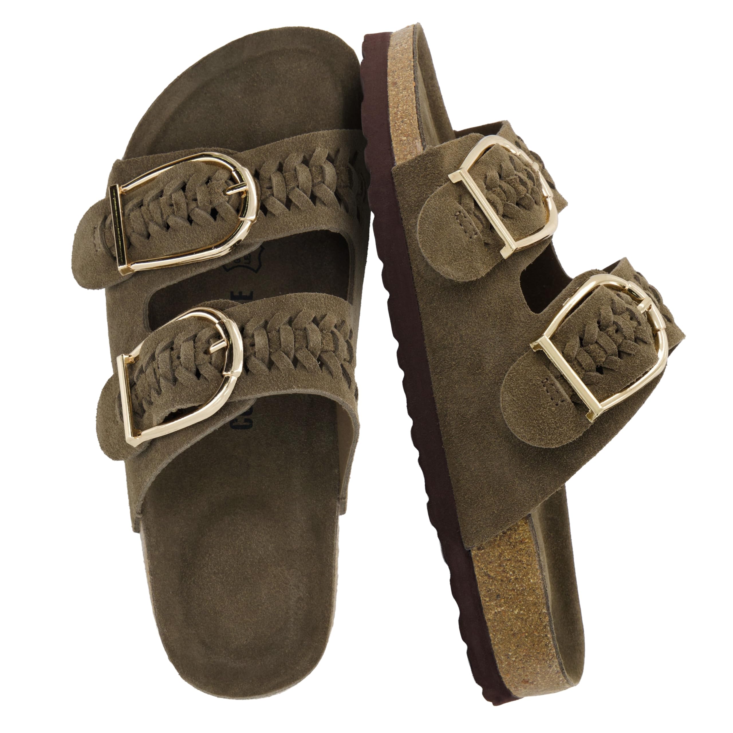 CUSHIONAIRE Cashew Slip On Genuine Suede Leather Womens Sandals - Braided Double-Strap Design with Adjustable Big Buckle Sandals for Women