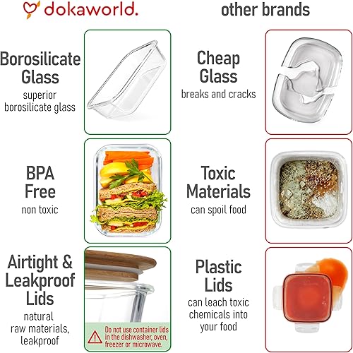 Miniatura 7 de Juego de tupperware de vidrio con tapas de acacia, 4 recipientes apilables para preparación de comidas. Vidrio de borosilicato inerte duradero