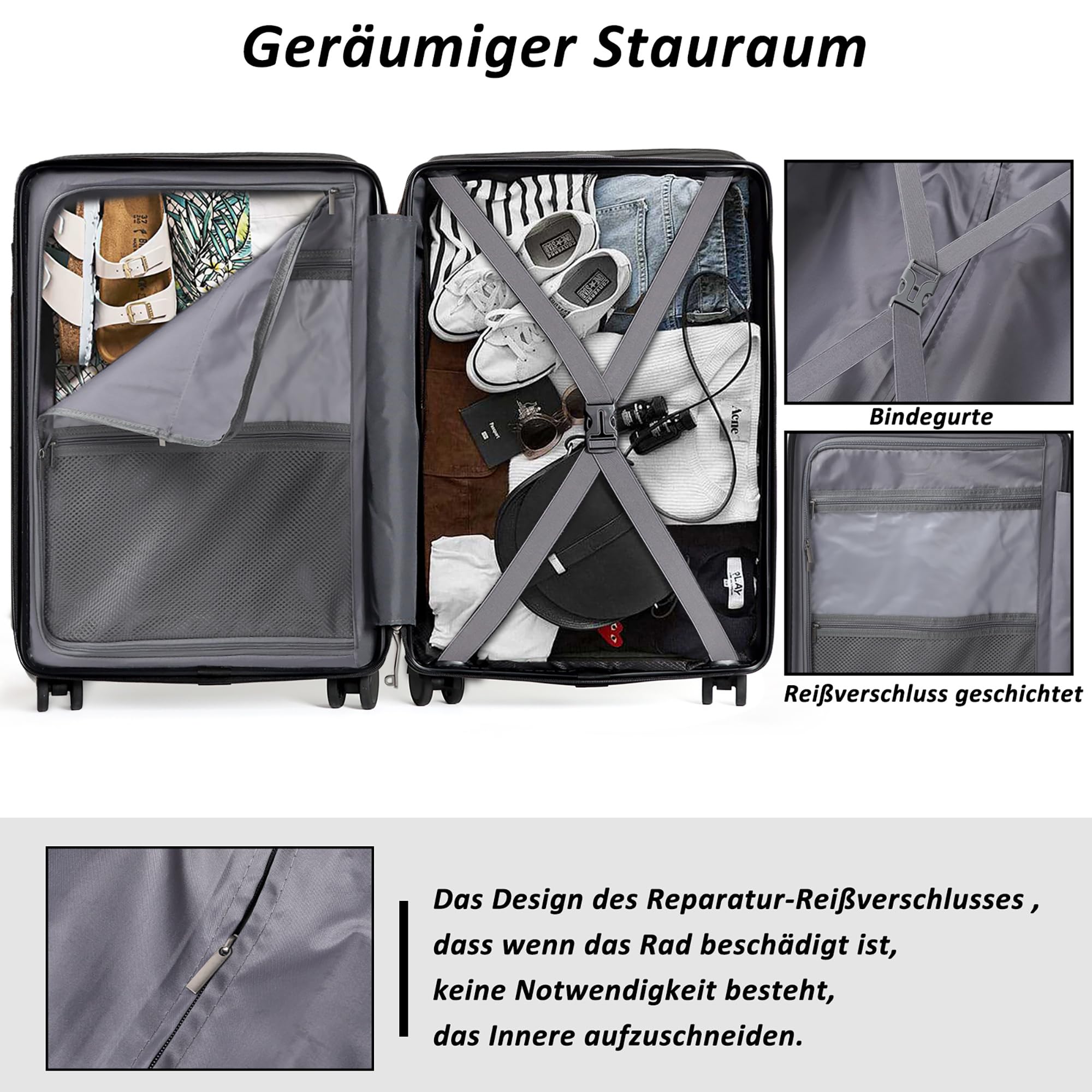 TANTOMI Handgepäck Koffer mit Laptopfach, 20 Zoll Hartschalenkoffer, Leichter ABS-Rollkoffer, Reisekoffer mit 4×360°-Rollen, TSA-Schloss (Schwarz, 41L)
