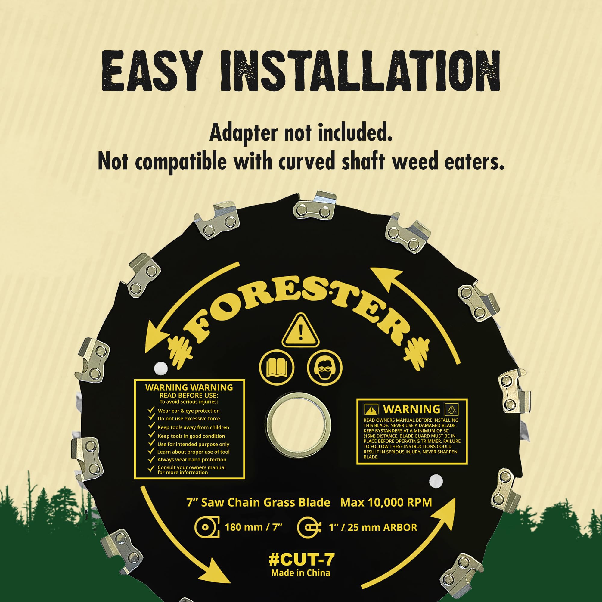 FORESTER Kit di conversione decespugliatore con lama decespugliatore da 17,8 cm, include occhiali di sicurezza, tappi per le orecchie, guanti, imbracatura, compatibile con la maggior parte dei