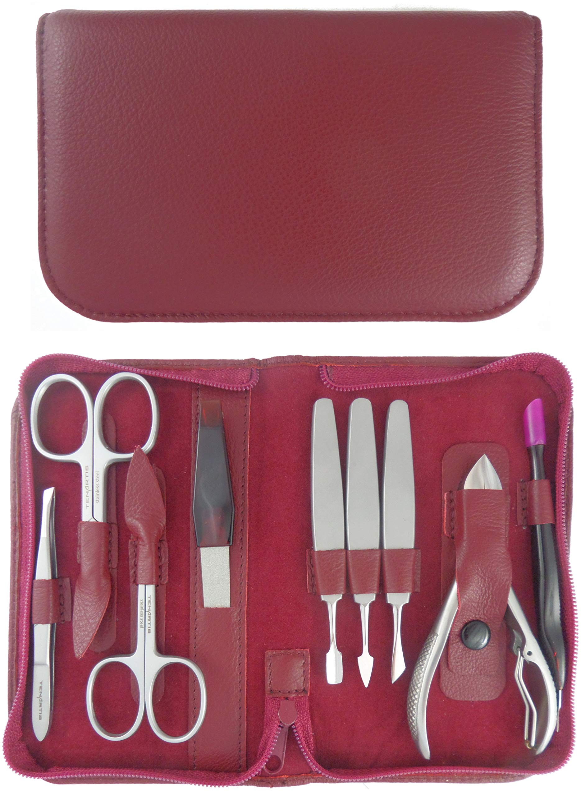 Tenartis 394 9 teiliges Edelstahl Maniküre und Pediküre Etui aus echtem Leder mit Reißverschluss - Rot