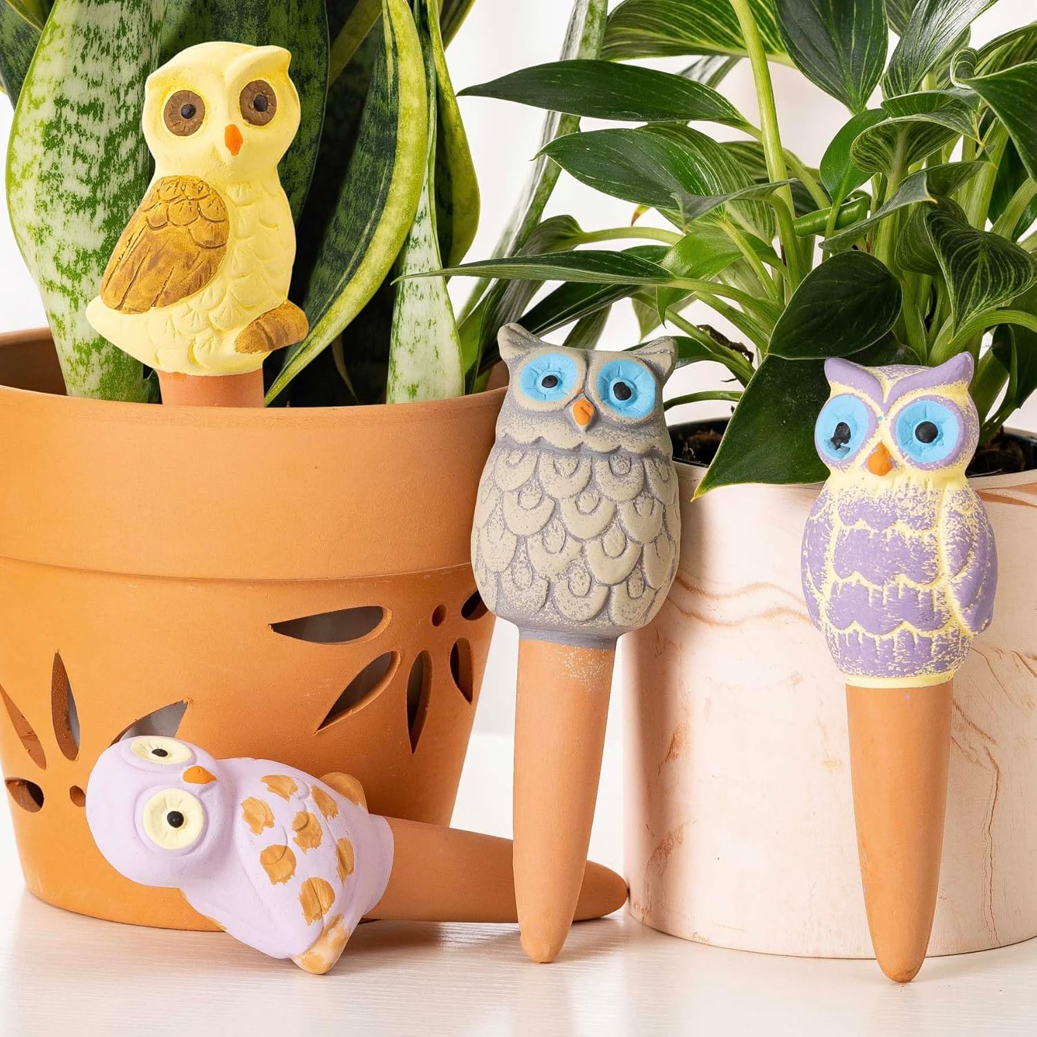 Mother’s Day Gift for Mom from Daughter or Son, 4 Pack Handmade Terracotta Owl Watering Globes & Spikes, Self-Watering Plant Devices with Slow Release System for Indoor & Outdoor Plants, Vacation Use