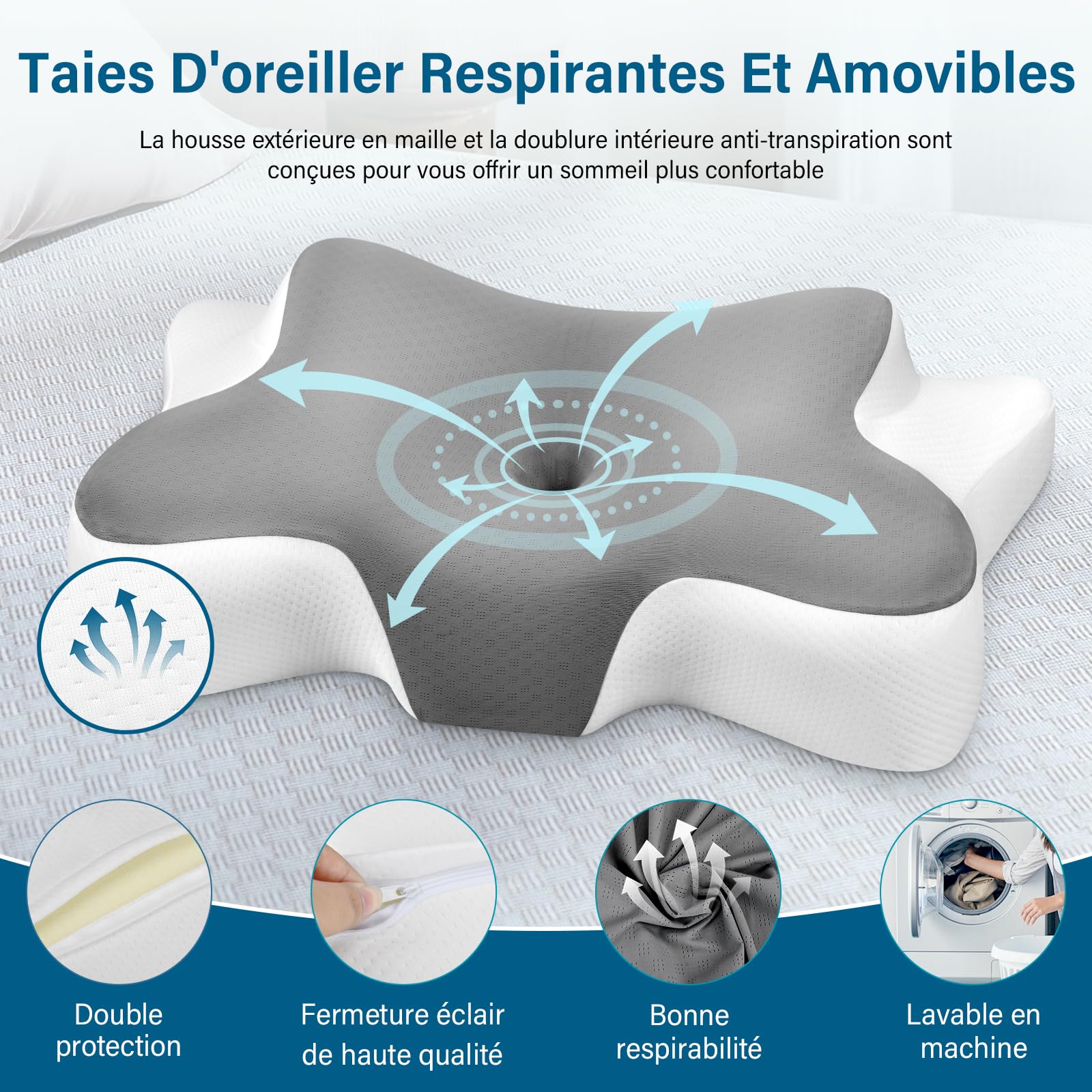 Oreiller Ergonomique Cervical Oreiller Memoire Forme, Adapté aux Personnes Dormant avec Taie d'oreiller Amovible, Coussin pour Dormir sur Le Côté, Le Dos et Le Ventre, 66x37x12/9 cm, Gris