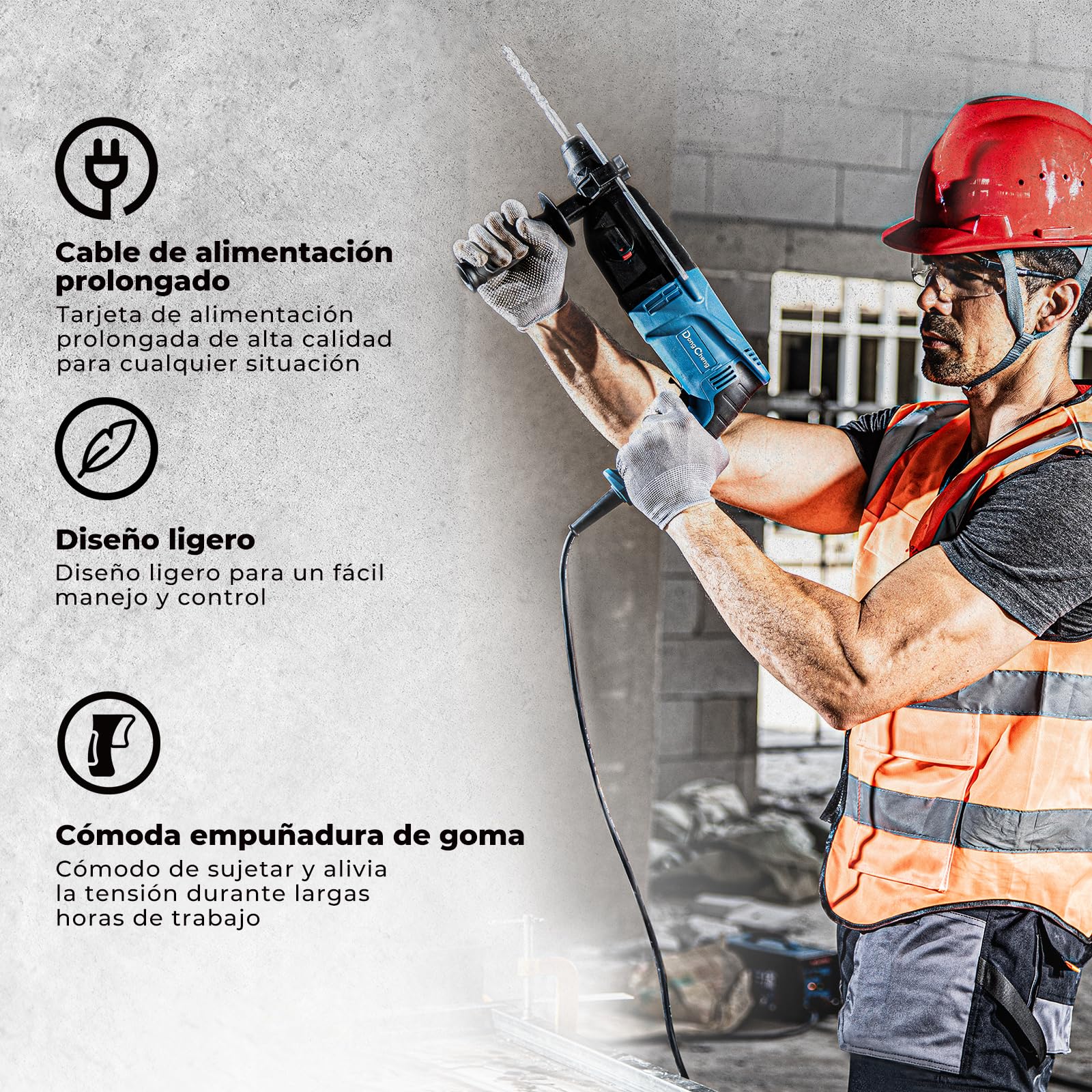 DongCheng martillo perforador 800W, energía de impacto 2.8 J, velocidad de ralentí 0-1200U/min, con 4 brocas SDS plus, 26 mm, taladro 4 en 1, martillo de demolición, mango antivibración