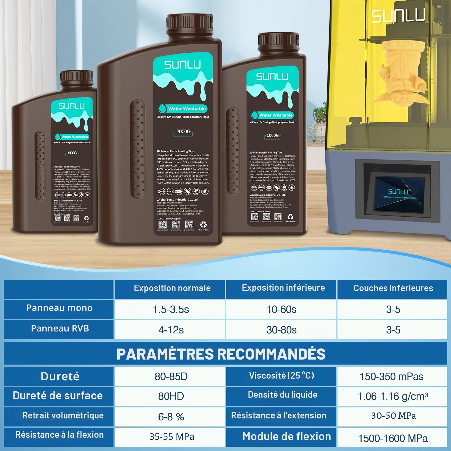 SUNLU Résine Lavable à l'Eau pour Imprimante 3D, 2kg 405nm UV Résine Photopolymère à Durcissement Rapide pour Imprimante 3D 4K 8K LCD DLP SLA, Pas d'Alcool Nécessaire, Haute Précision,2000g Gris Foncé