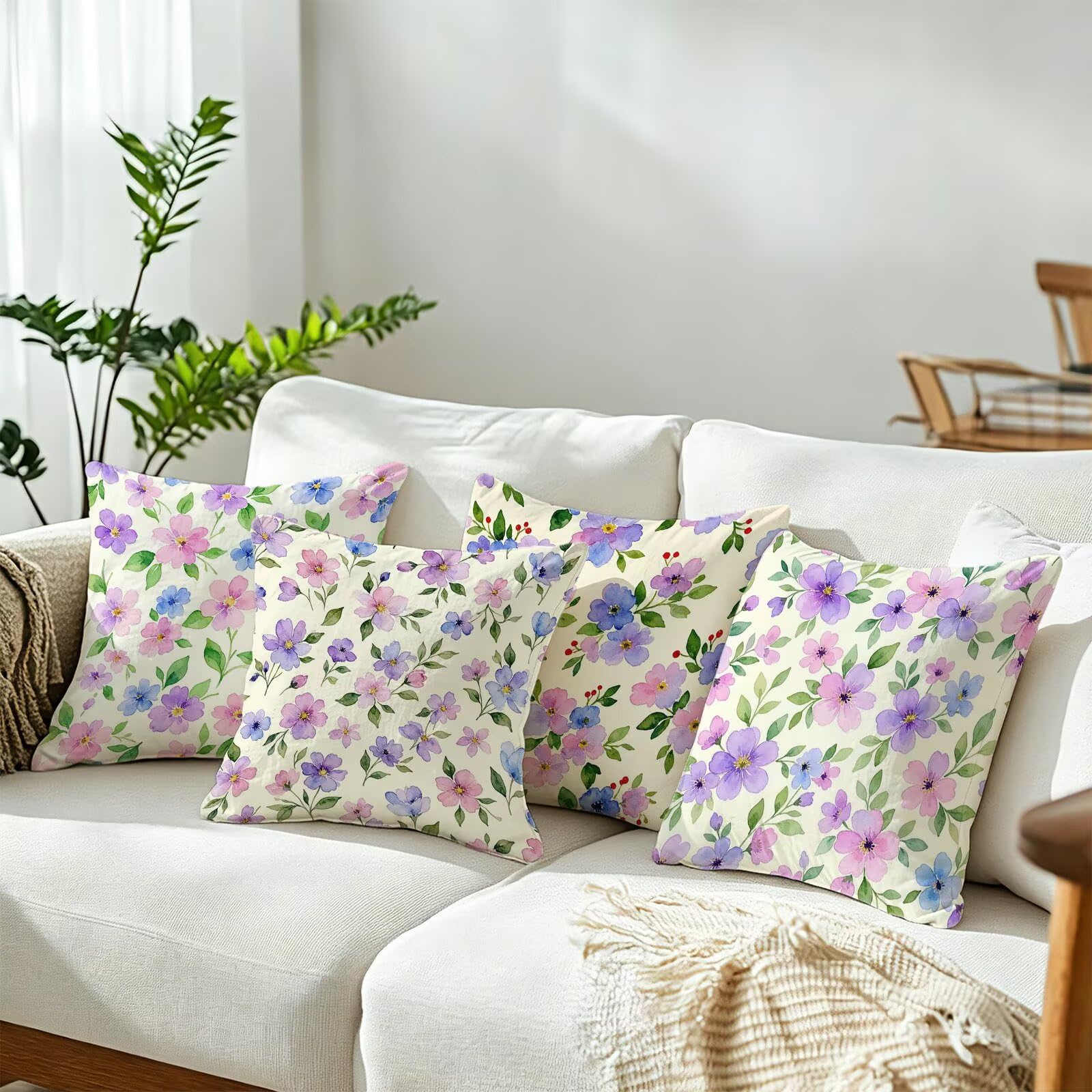 Viola Federe Cuscini Divano 40x40cm, Cuscini da Esterno Set de 4, Cod-144 | Lin Copricuscini Decorativi Letto Arredo, per Letto, Soggiorno, Giardino, Esterno, Casa Decorazione Set di 4 Fiore