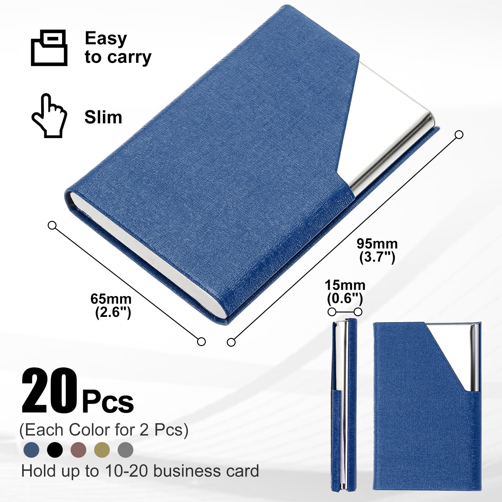 PATIKIL PU Leather Business Card Holder, 20Pcs Stainless Steel Name Card Case with Magnetic Wallet Pocket Carrier for ID Card Men Women, Black Grey Brown Copper Blue - Image 2