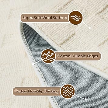 ANSSO 2x3 Wool Rug Indoor Door Mats for Entryway, 80% Merino Wool and 20% Cotton Soft Tufted Area Rug with Cotton Non-Slip Backing 2'x3' Cream/Beige White 6
