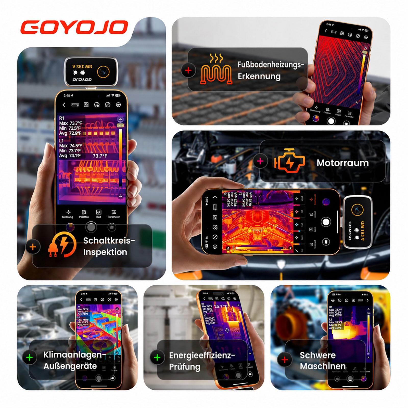 GOYOJO Wärmebildkamera Handy, 192 x 192 IR-Auflösung, Infrarotkamera für Android & iPhone 15/16/17, 50° Weitwinkel, -20 °C bis 400 °C, für Lecksuche, Hausinspektion, Elektroprüfung & Kfz-Diagnose