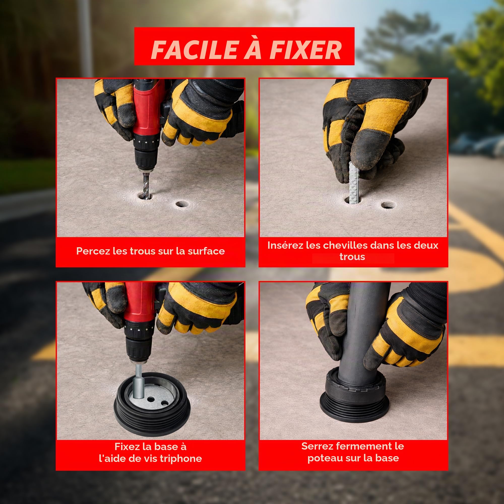 Délimiteur de circulation anti-stationnement de 68 cm | Barrière de sécurité réfléchissante noire avec tête sphérique | Poteau de refuge flexible en TPU avec base démontable, vis et ancrages pour