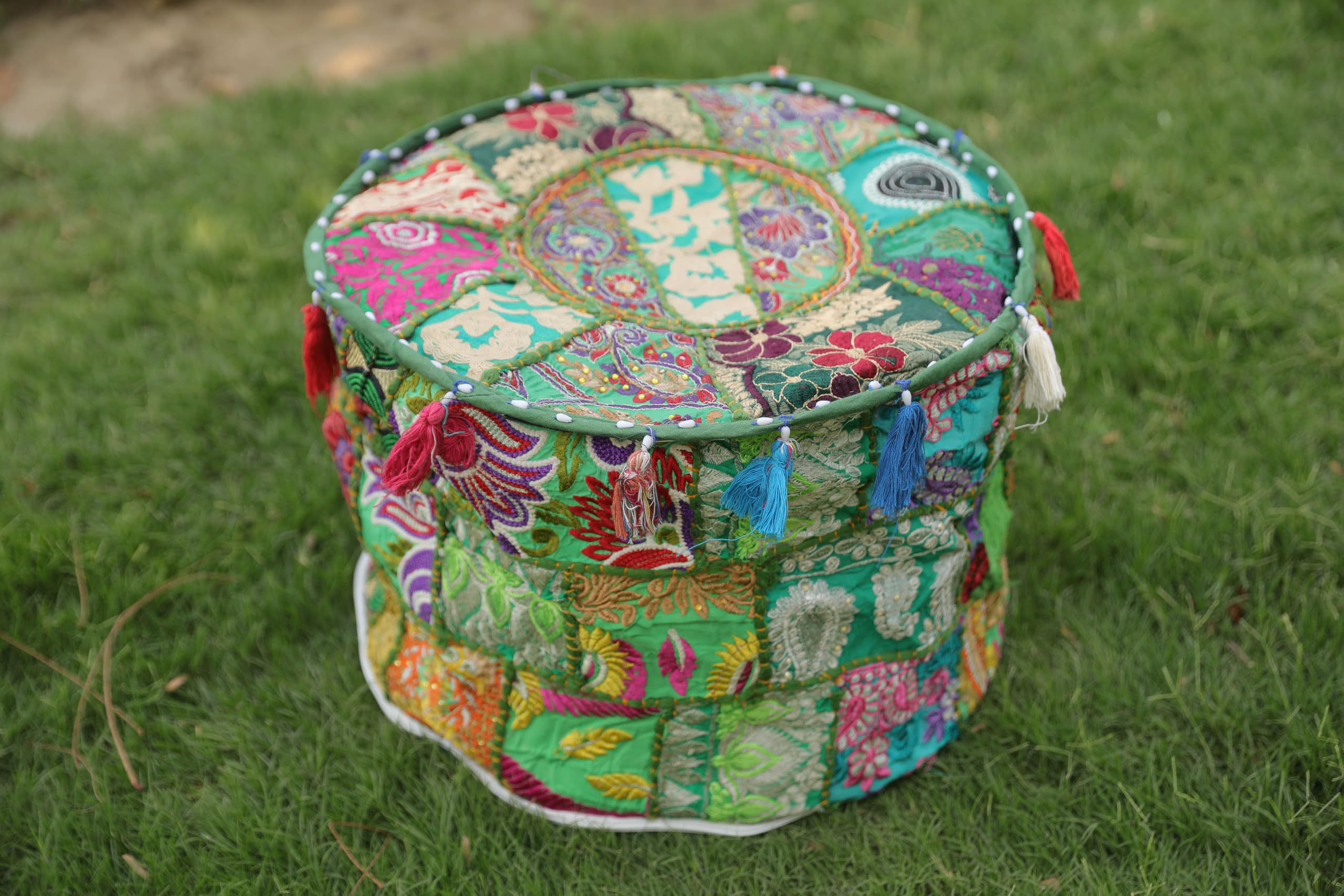 NAMASH Emporio Muda Cover Boho Patchwork Embroidered Pouf Ottoman Set of 1 Pieces (Green Multicolour)-image-30
