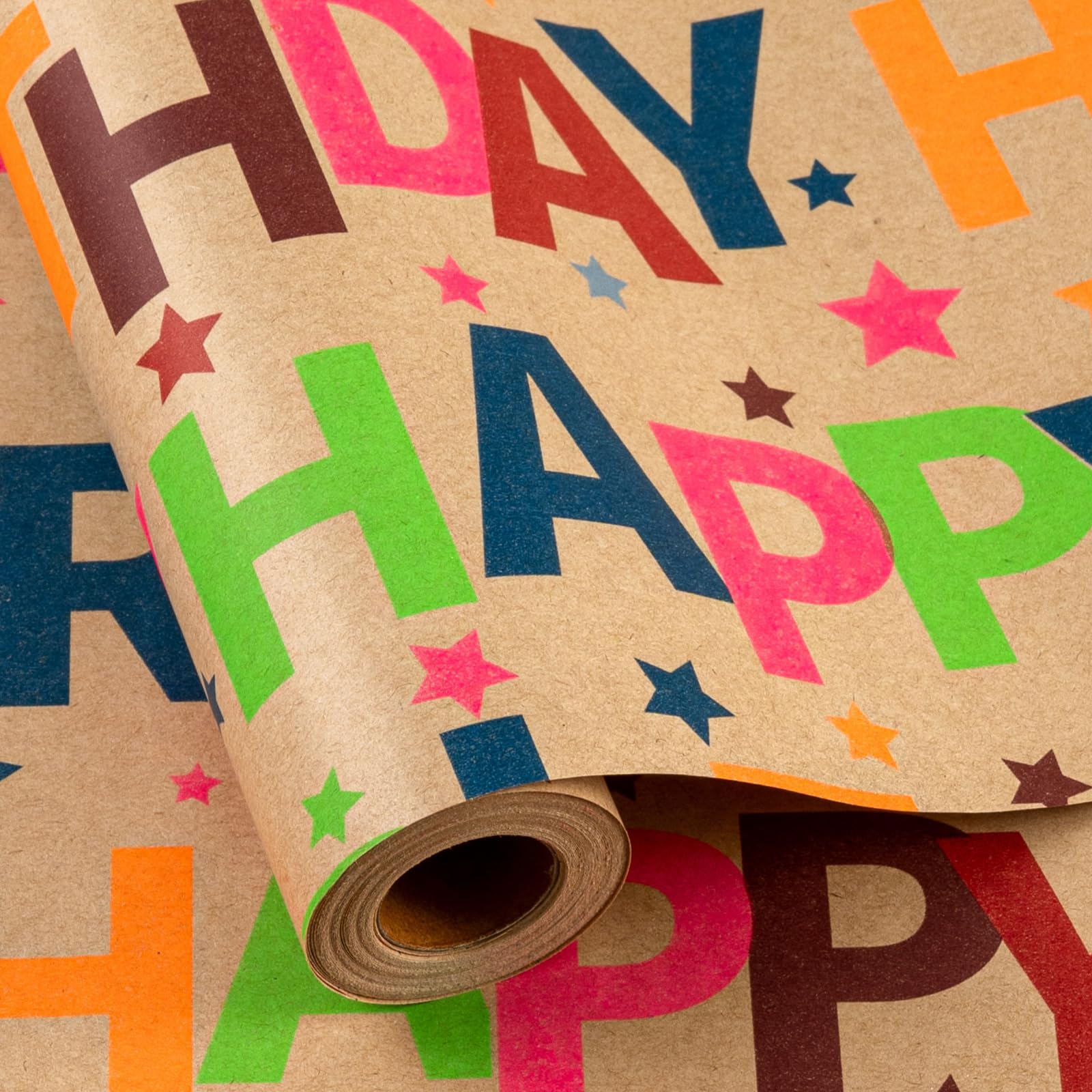 Wikadlik Colorful Birthday Kraft Wrapping Paper - 43cm x 10m - Happy Birthday Lettering Gift Wrap Roll with Grid Cutting Line for Holiday Celebration Party — image 1