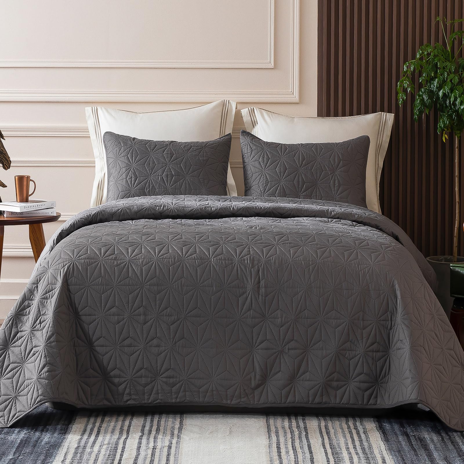 Whale Flotilla - Colcha para Cama (220 x 240 cm, con 2 Fundas de Almohada, con gofre, Suave, Ligera, con diseño geométrico, para 4 Salidas, Color Gris