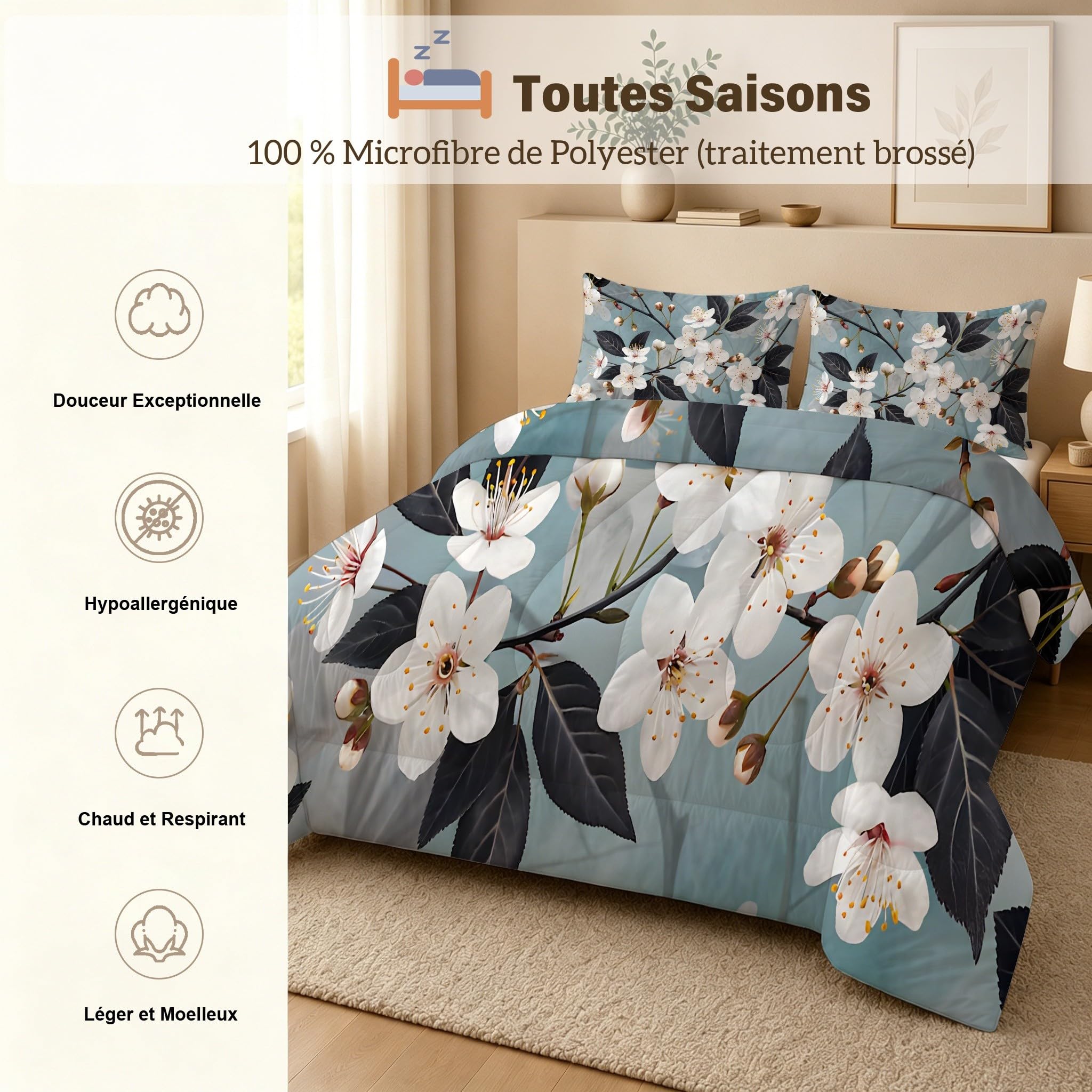 Couette 140x200 Enfant Sans Housse Imprimée Fleurs de Cerisie 4 Saisons