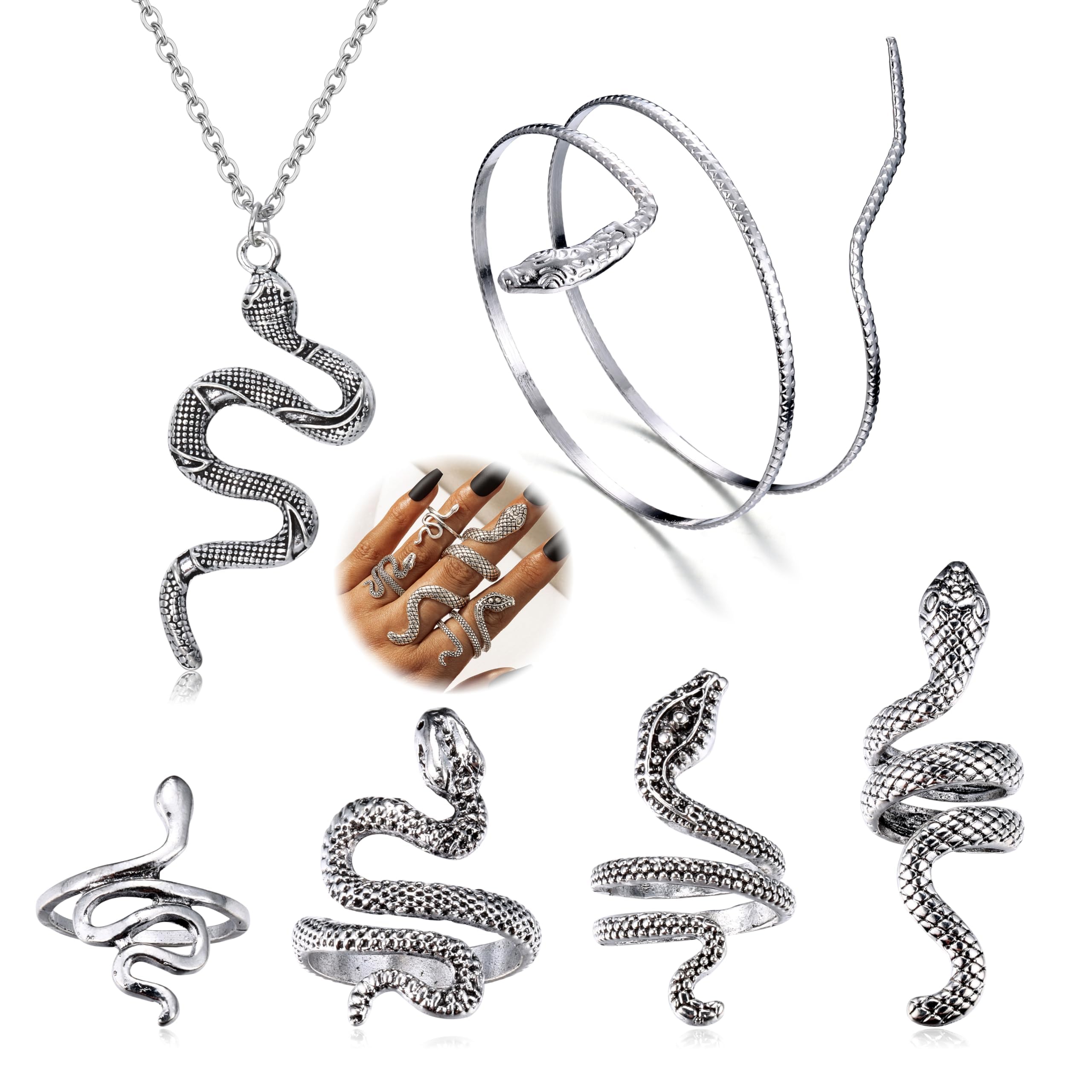 Snake Jewelry Set for Women, Snake Necklace, Arm Cuff, Bracelet, Rings - Personalized Punk Set for Role Play, Halloween, Carnival - 6 Pcs - Silver