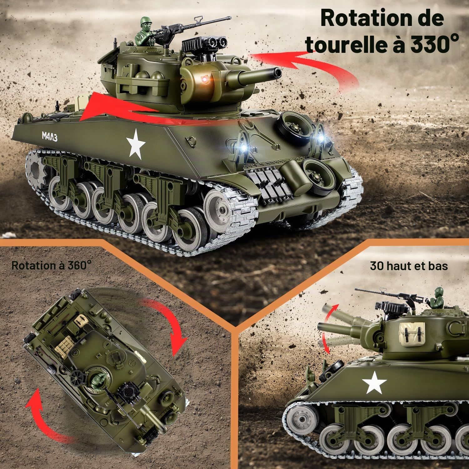 Tank Telecommande US M4A3, Modèle char de Combat 1/18, Réservoir Télécommandé 2.4Ghz, Maquette Char Jouets Avec Fumée, LumièRes, Son et Recul pour Enfants et Adultes, Réservoir Télécommandé Tir BBS