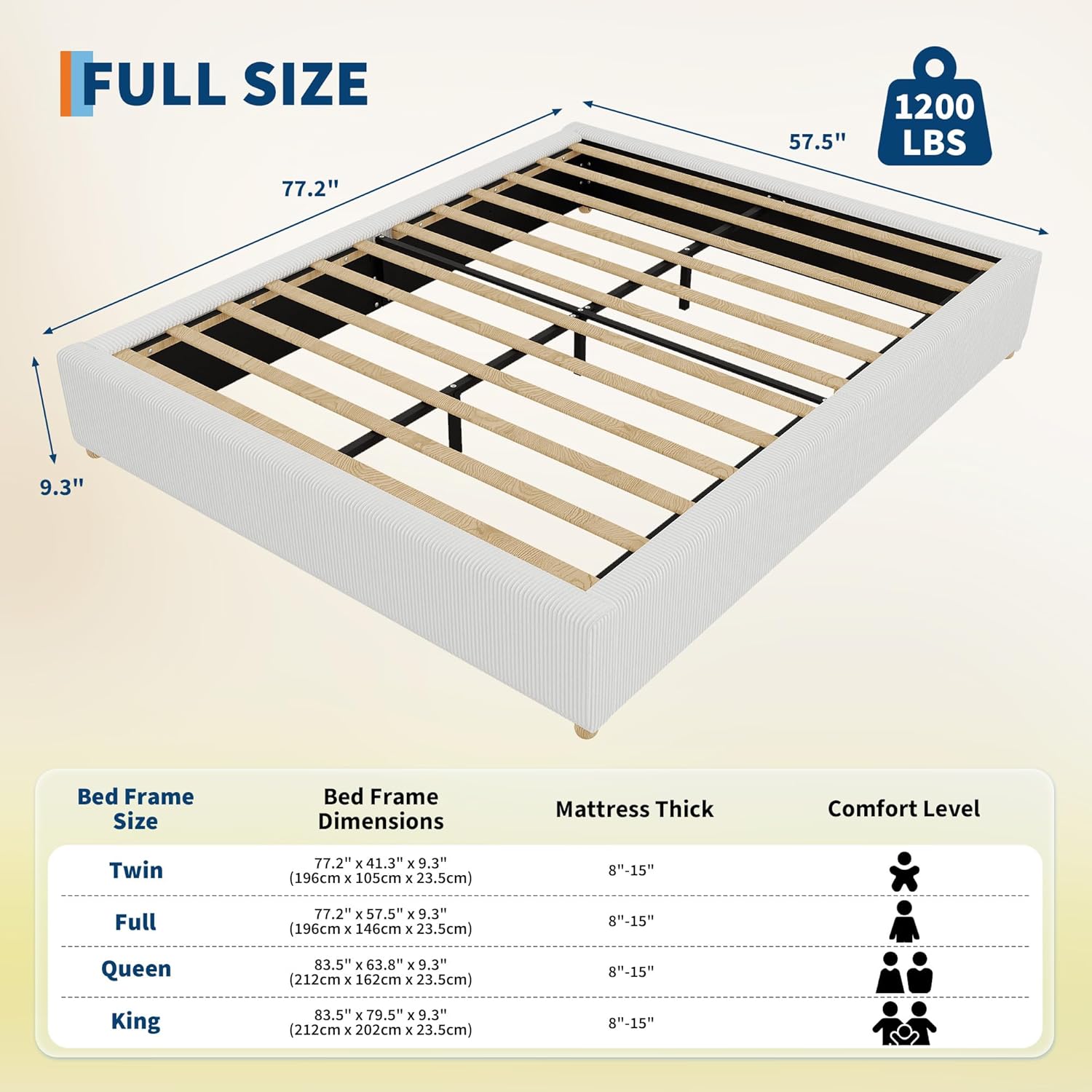 GAOMON Full Size Cloud Bed Frame,Upholstered Platform Bed with Solid Wood Legs, Corduroy Low Bed Frame for Bedroom,No Fixed Headboard, No Box Spring Needed,Noise Free, Easy Assembly,White