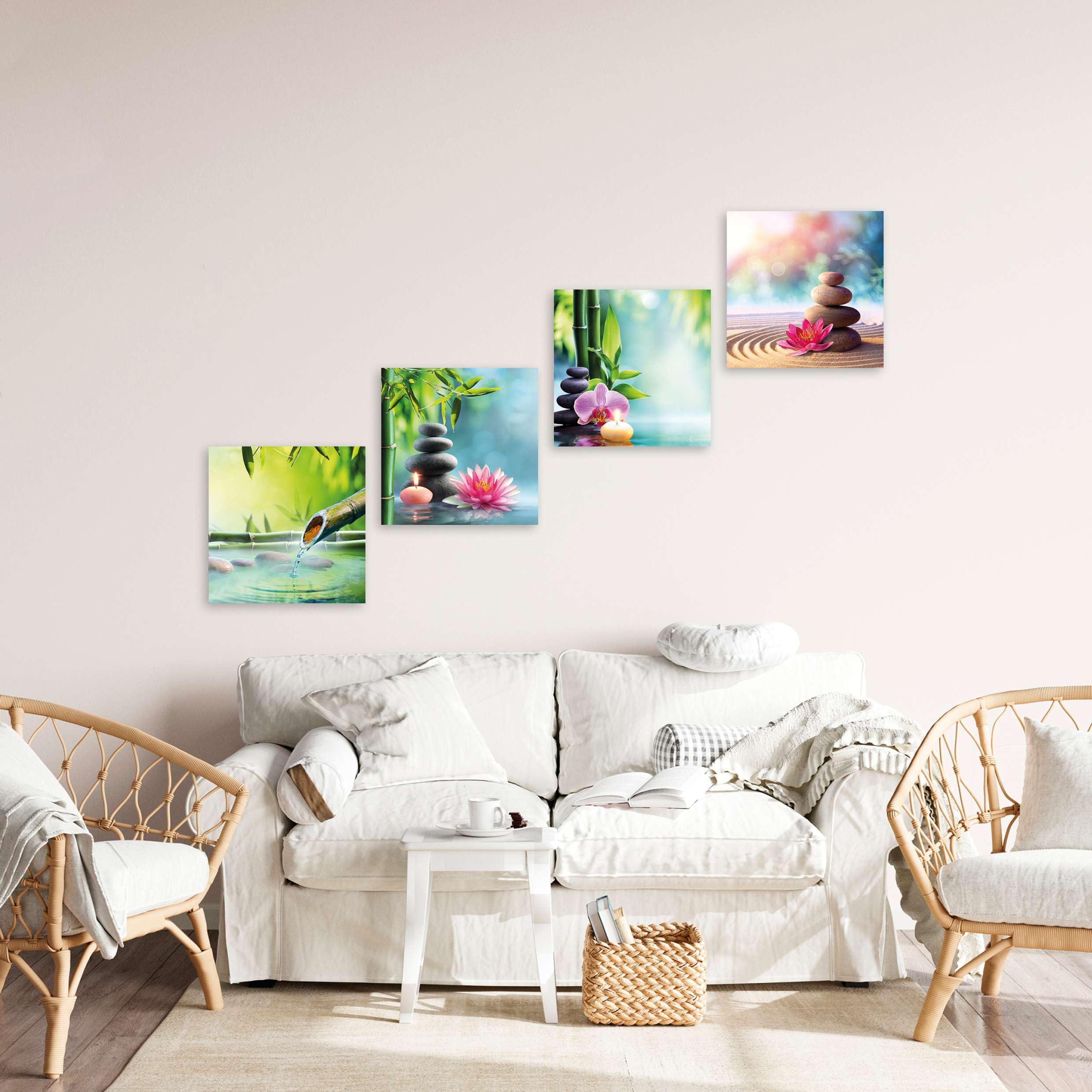 LuxHomeDecor Set di 4 quadri 30x30 cm – stampa su tela con telaio in legno – zen spa rilassante con fiori, bambù e pietre