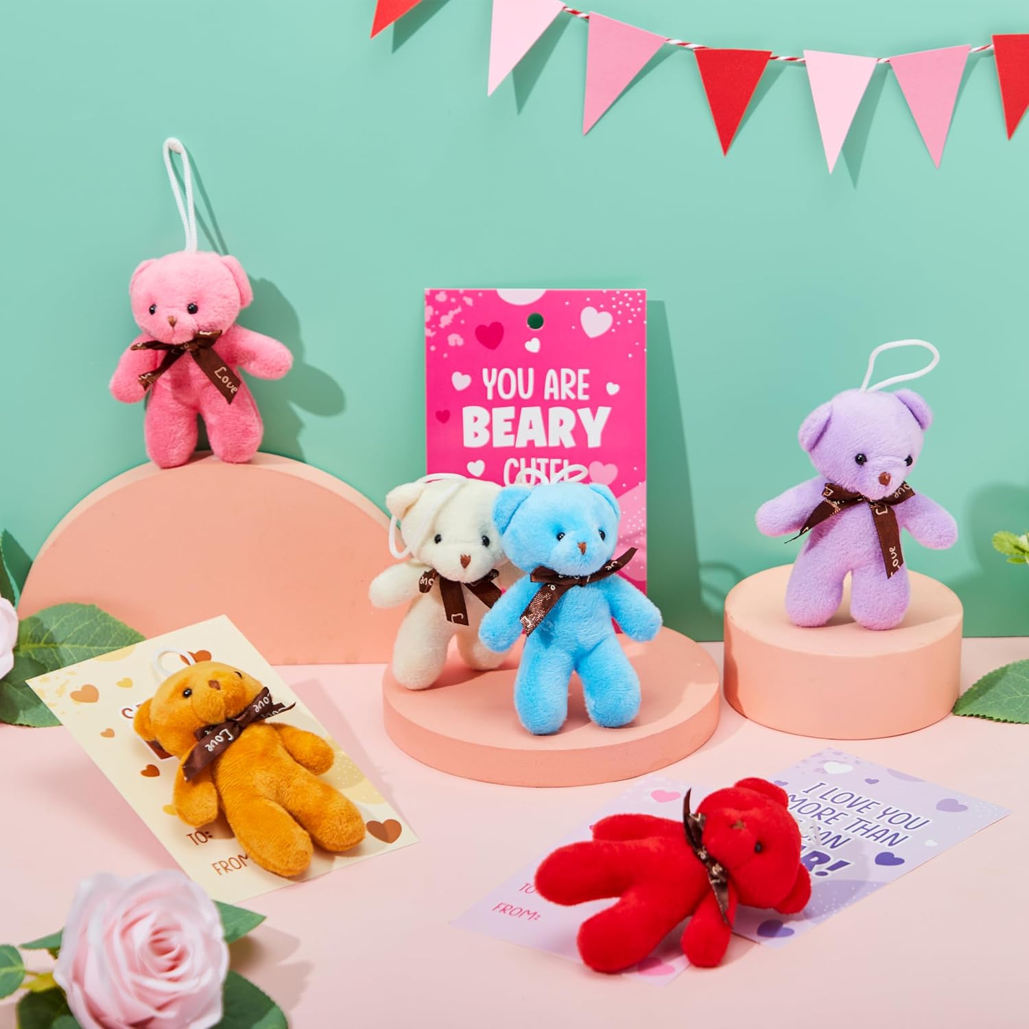 JOYIN 28 Packs Valentine's Day Gift Cards with Mini Bears Plush Toy Party Favors, Mini Stuffed Plush Toys for Valentines Day Gifts, Kids Classroom School Exchange Prize