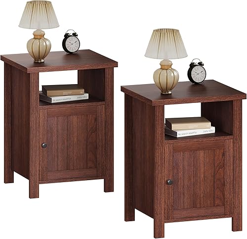 Miniatura 20 de ChooChoo Juego de 2 mesitas de noche, mesa auxiliar rústica vintage con almacenamiento para dormitorio, sala de estar, negro y marrón Negro y