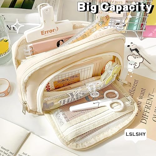 Miniatura 5 de Estuche grande de tres capas con cremallera para lápices, suministros de papelería para adolescentes, niñas, niños y estudiantes (beige)