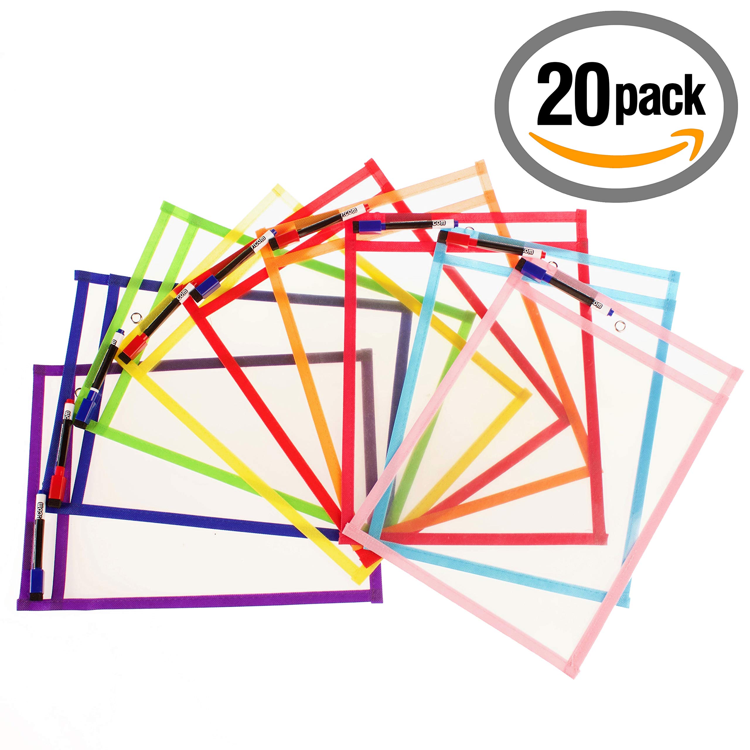Fundas Reutilizables A4 (36×26 cm) Transparentes | Pack 20 Fundas de Borrado en Seco con 20 Rotuladores, 2 Borradores y 2 Globos | PET Reciclable | Material Escolar para Aula y Casa