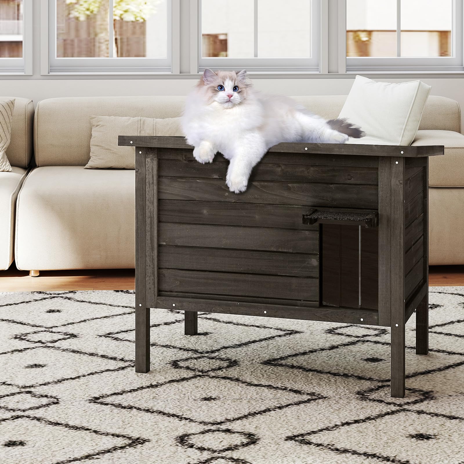 COSTWAY Niche pour Chat Exterieur, Grand Maison pour Chats en Bois de Sapin, 88 × 55 × 71 cm, Isolation en Mousse à 6 Côtés, Toit en Asphalte Ouvrable, Rideau de Porte, Cabane Chat Exterieur (Noir)
