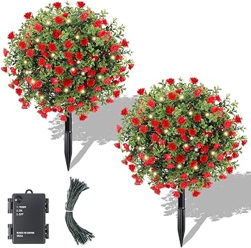 Lewondr 24 Artificial Red Flowers Boxwood Topiary Ball with LED Lights | Artificial Shrub Bushes with Ground Spike,UV Resistant Faux Greenery Shrubs,Fake Plants for Indoor Outdoor Garden Patio Decor