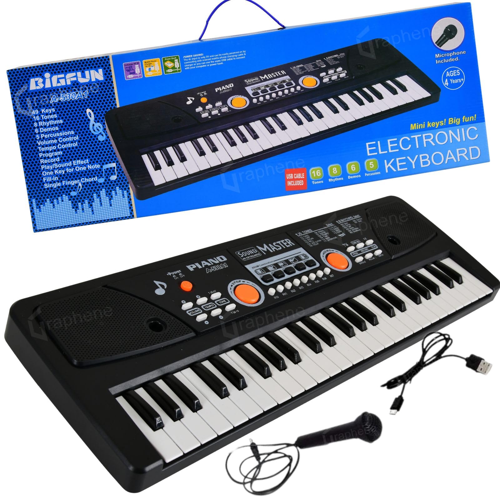 GRAPHENE 49 Keys Portable Piano Keyboard with Mic 8 Rhythms 16 Tones 6 Demos 5 Percussions Electronic Piano Toy for Beginners Learning Songs Recording Musical Toys Gift for Kids Ages 3+-image-41