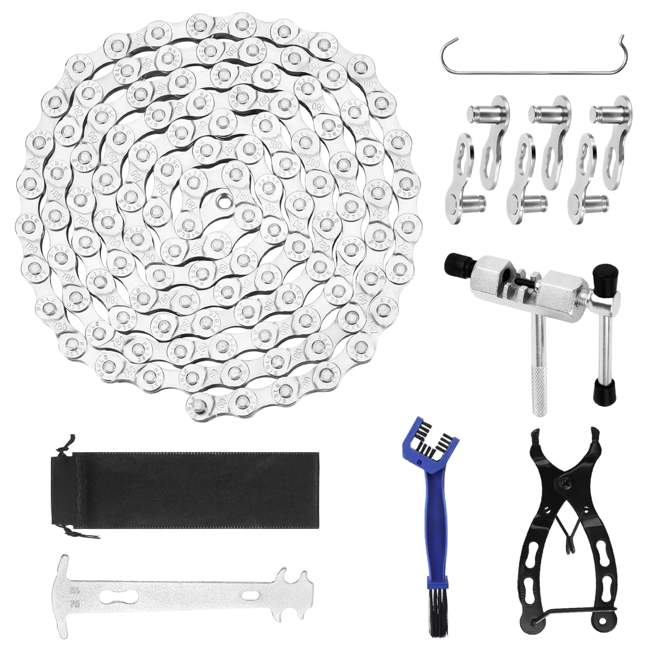 6/7/8-Speed Bike Chain Kit,116 Links (1/2x3/32") with Cleaning Brush,Link Plier,Cutter& Gauge, Mountain/Road Cycling Chain Maintenance Tools Kit – Keep Your Cycle Chain Running Smoothly