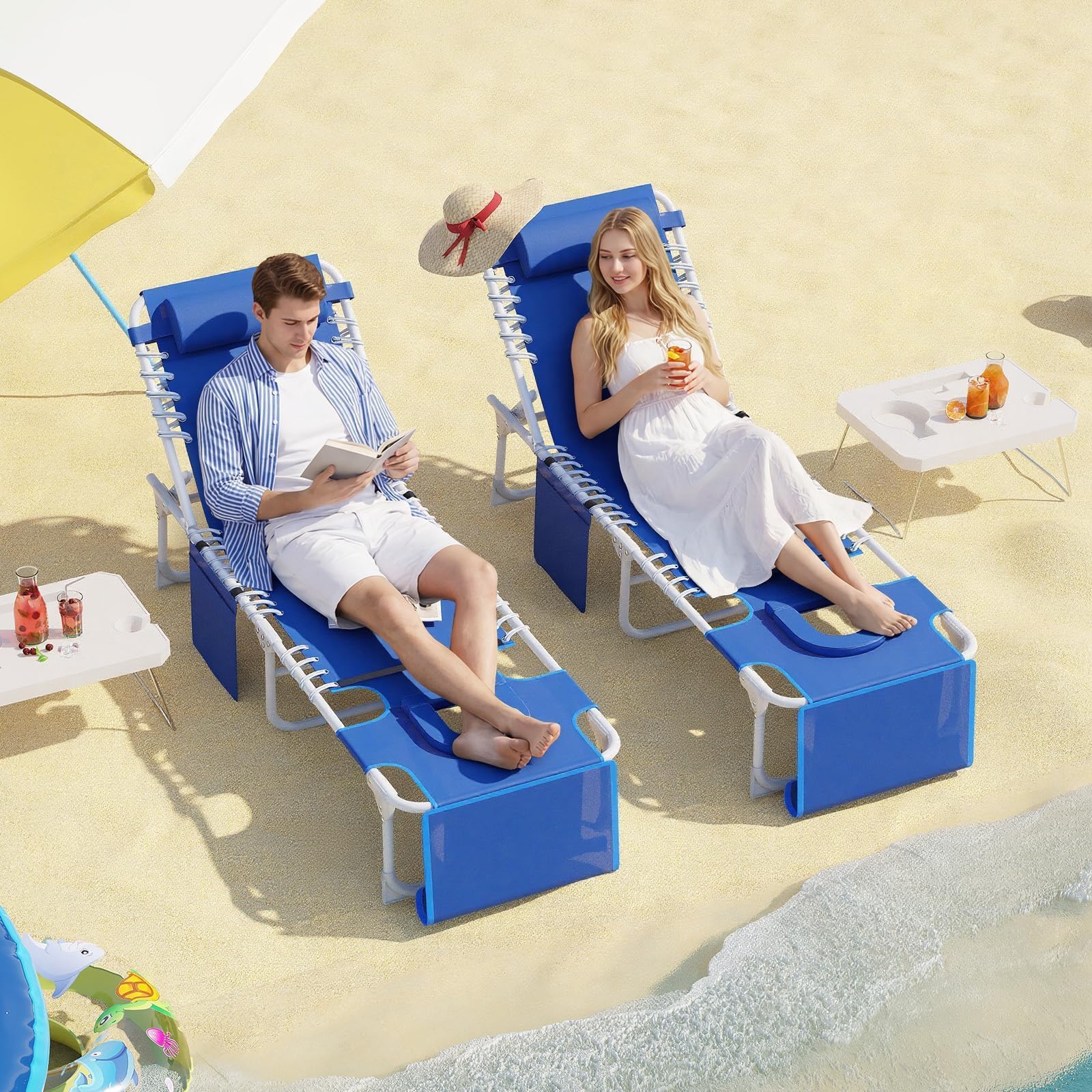 Transat de Plage Pliable avec Trou, Chaise Longue Pliable avec Table Pliante, Bain de Soleil Plage avec Appuie-Tête&Poche pour Jardin, Piscine