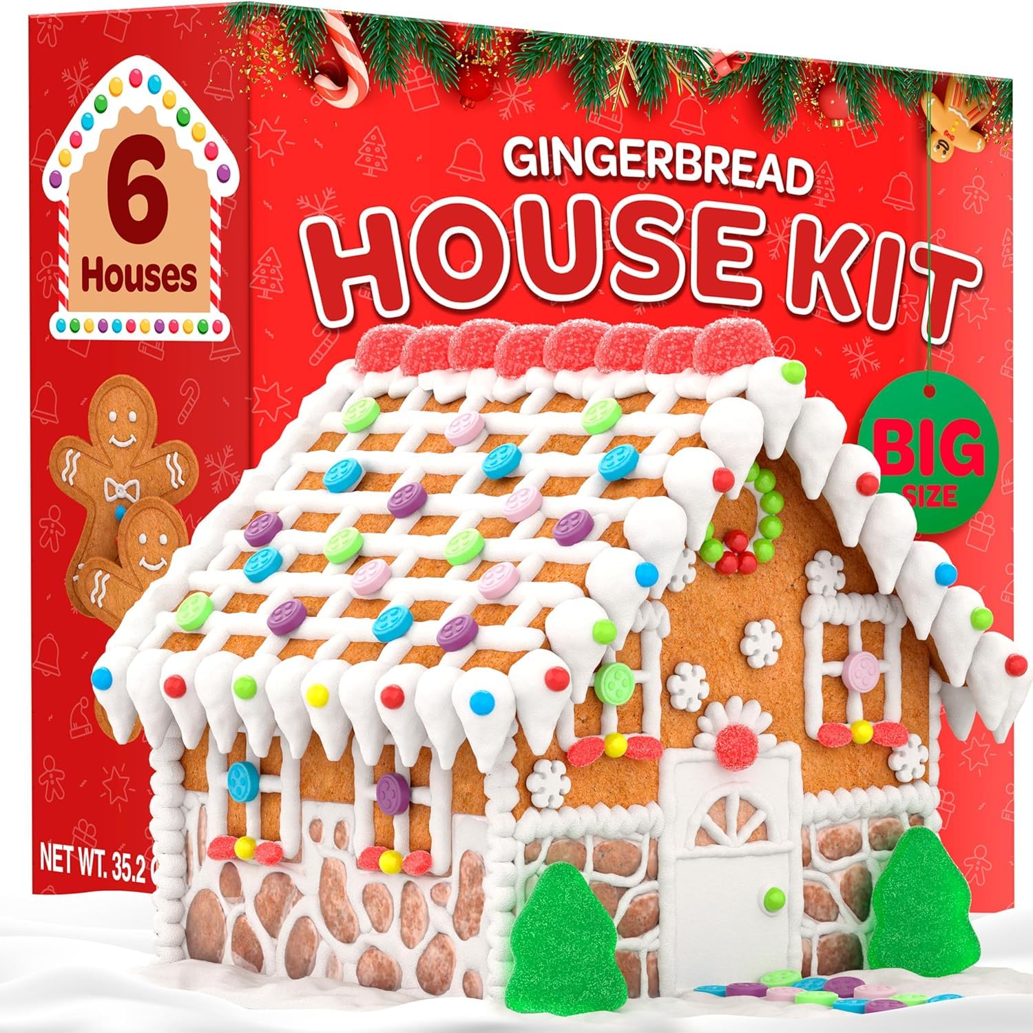 BIG Gingerbread House kit, [Set of 6] Gingerbread House, Holiday fun Activity - Ease Crafted Grooves Decor kit; 6 Houses, 12 ppl/Fondant/Snowflakes/Candies/Jellies/Beads/Buttons/Tray (90 Pcs Set)
