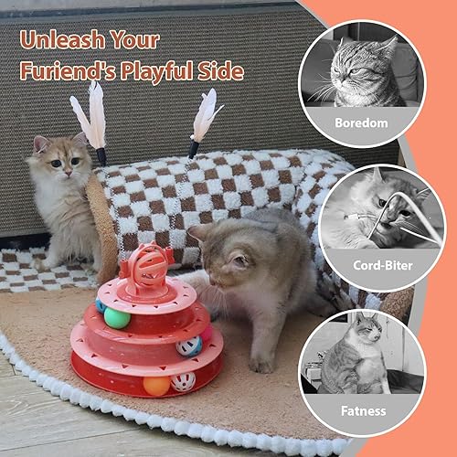 Miniatura 2 de Juguetes para gatitos, juguetes interactivos de rompecabezas para gatos de interior, torre para gatos con 2 juguetes y pista de bolas (naranja)