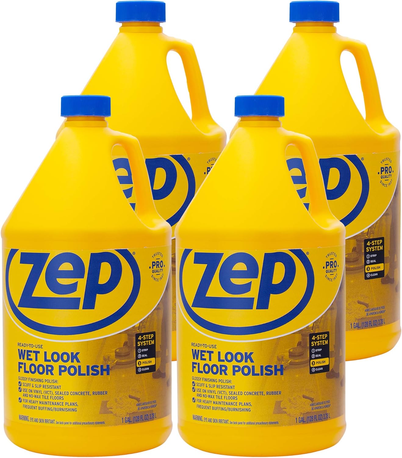 Zep Commercial Wet-Look Floor Polish, 4-1 Gallon Bottles, Protects Against Spots, Stains and Scuffs, Slip-Resistant High Gloss Finish (ZUWLFF128)