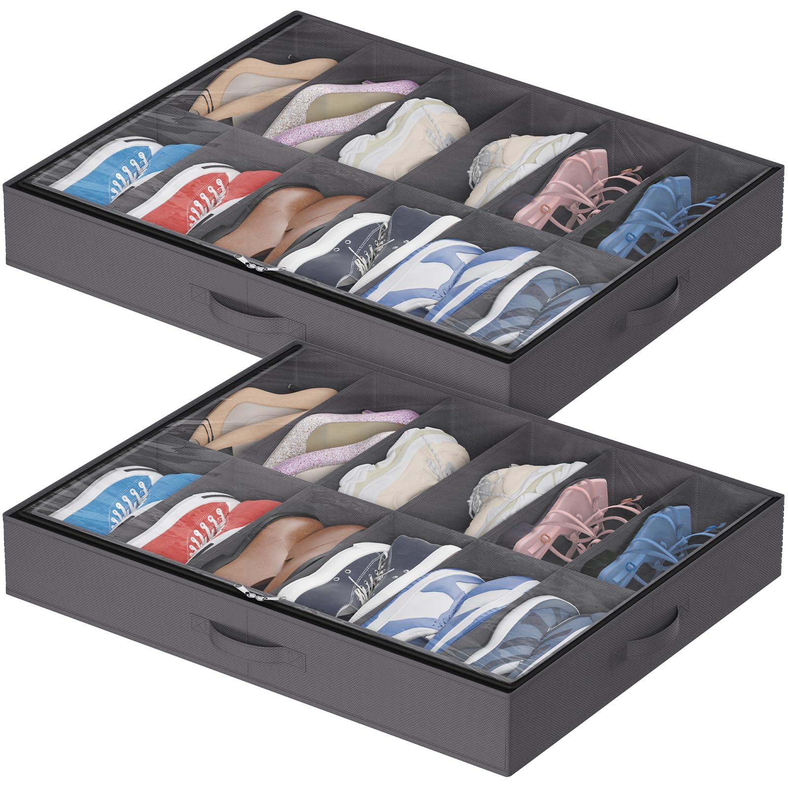 Lifewit 2 Piezas Bolsas de Almacenamiento para Zapatos con Ventana Transparente, Cajas Almacenaje Zapatos Plegables Debajo de la Cama con Asas, Organizador Zapatos, 12 Compartimentos, Gris, 2x12 Pares