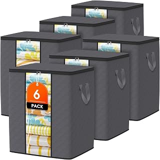 Clothes Storage Bags, 6-Pack Comforter Blanket Organizers, 80L Large Capacity Containers with Visual Window for Clothing, Quilt, Sheet, Pillow, Closet Organization for Bedding (Grey)