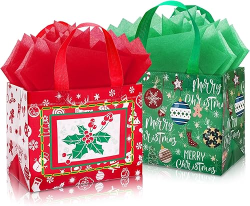 Whaline Paquete de 16 bolsas de regalo de Navidad no tejidas grandes con 30 hojas de papel de seda rojo y verde, bolsas de regalo impermeables,